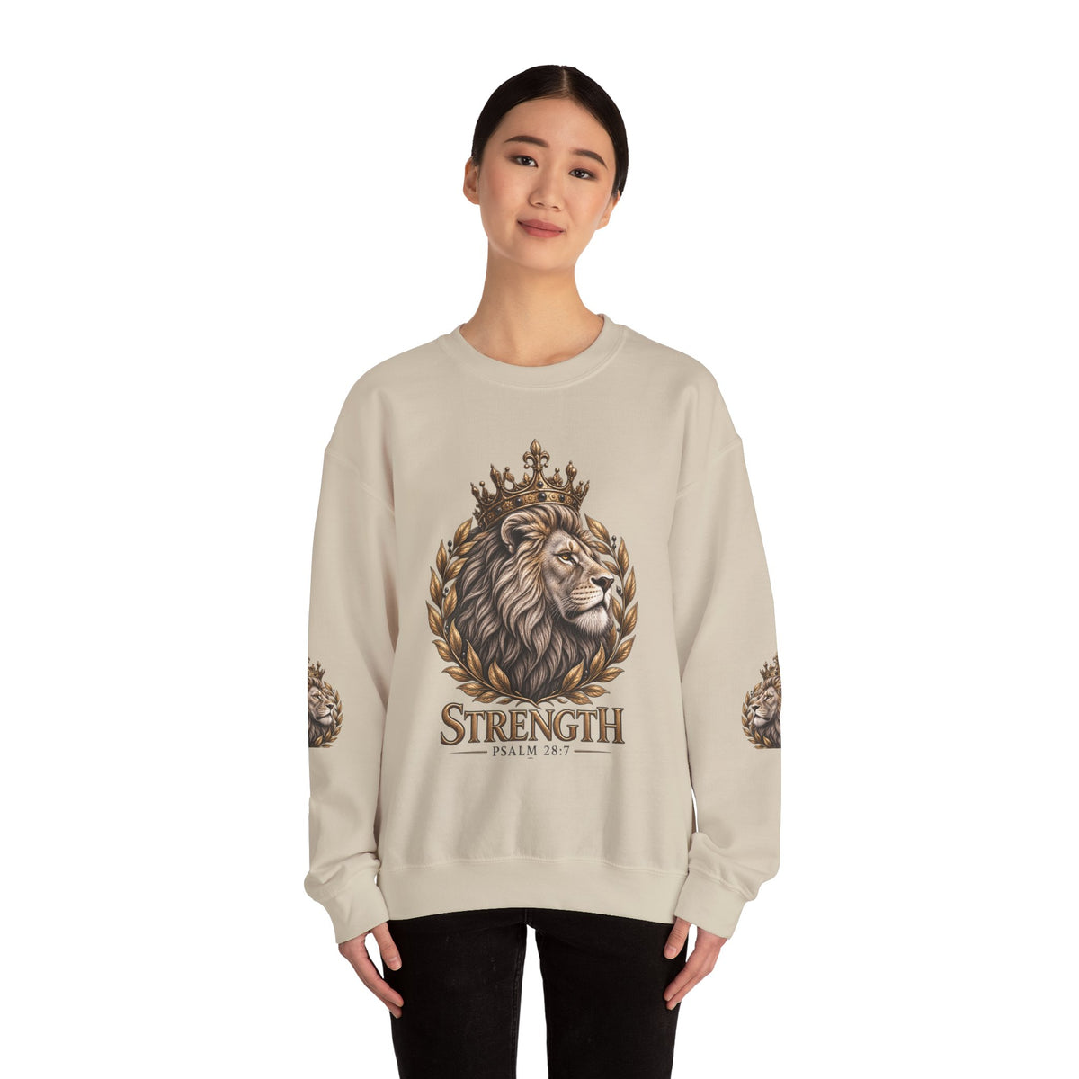 Strength Lion Crewneck Sweatshirt — Psalm 28:7 Inspirational Pullover