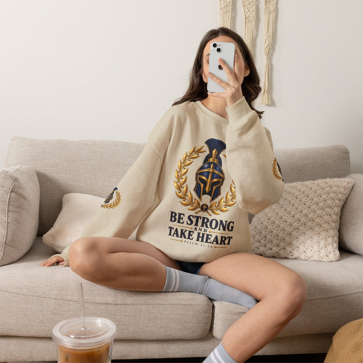 Crewneck Sweatshirt — "Be Strong and Take Heart" Psalm 31:24 Spartan Helmet Design