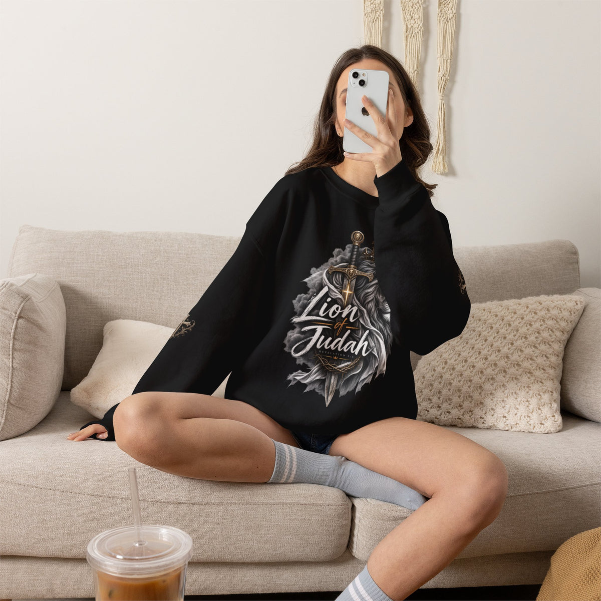 Lion of Judah Sweatshirt — Christian Lion Crewneck with Crown & Ichthys Back