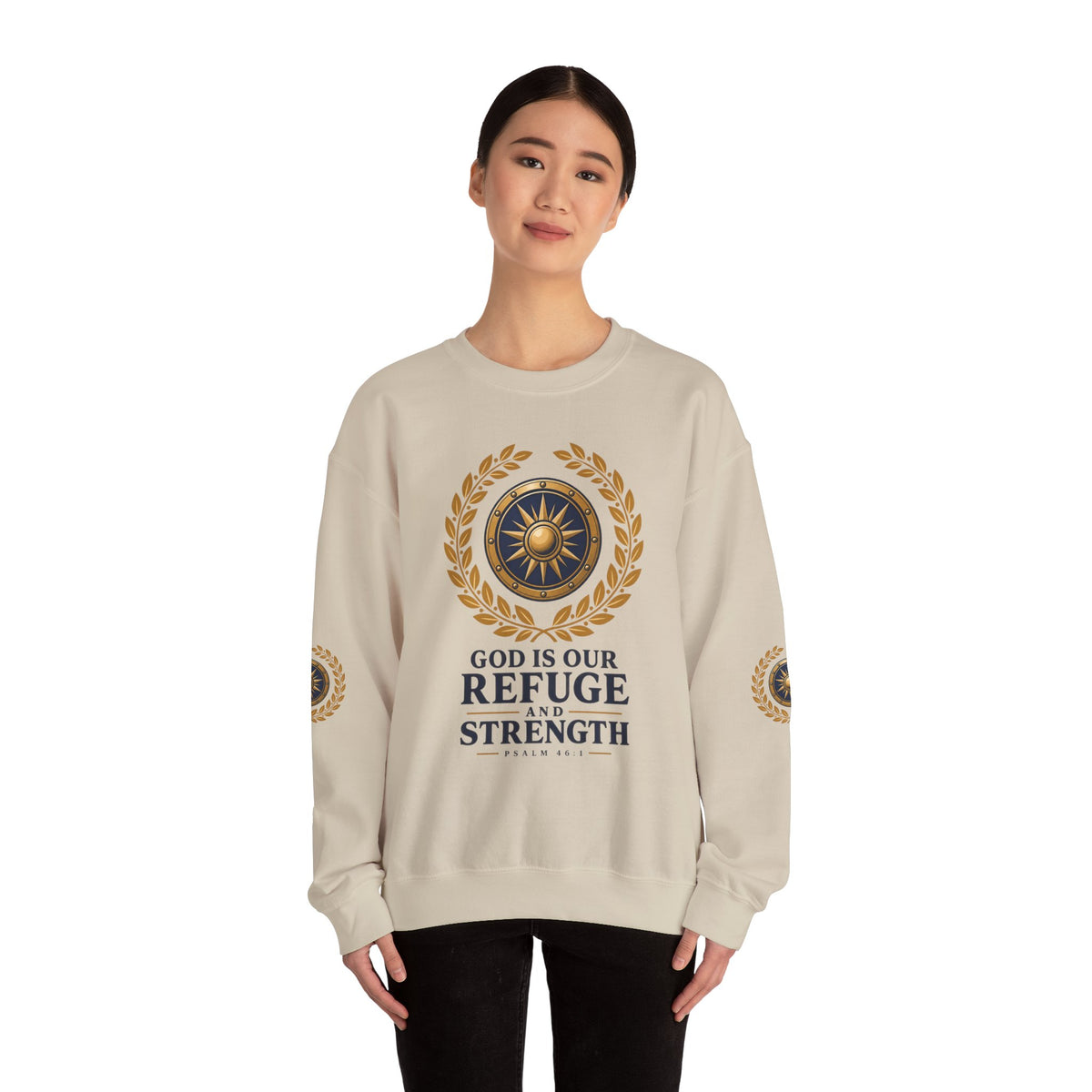 Crewneck Sweatshirt — “God Is Our Refuge and Strength” Psalm 46:1 Christian Faith Pullover