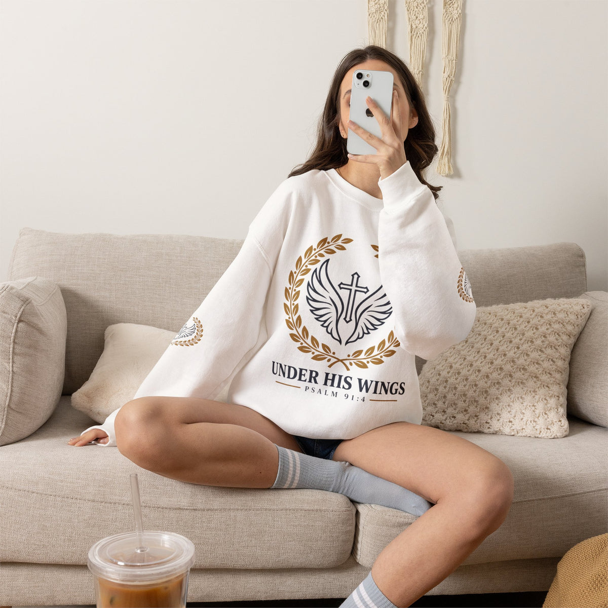 Religious Crewneck Sweatshirt – “Under His Wings” Psalm 91:4 Christian Pullover