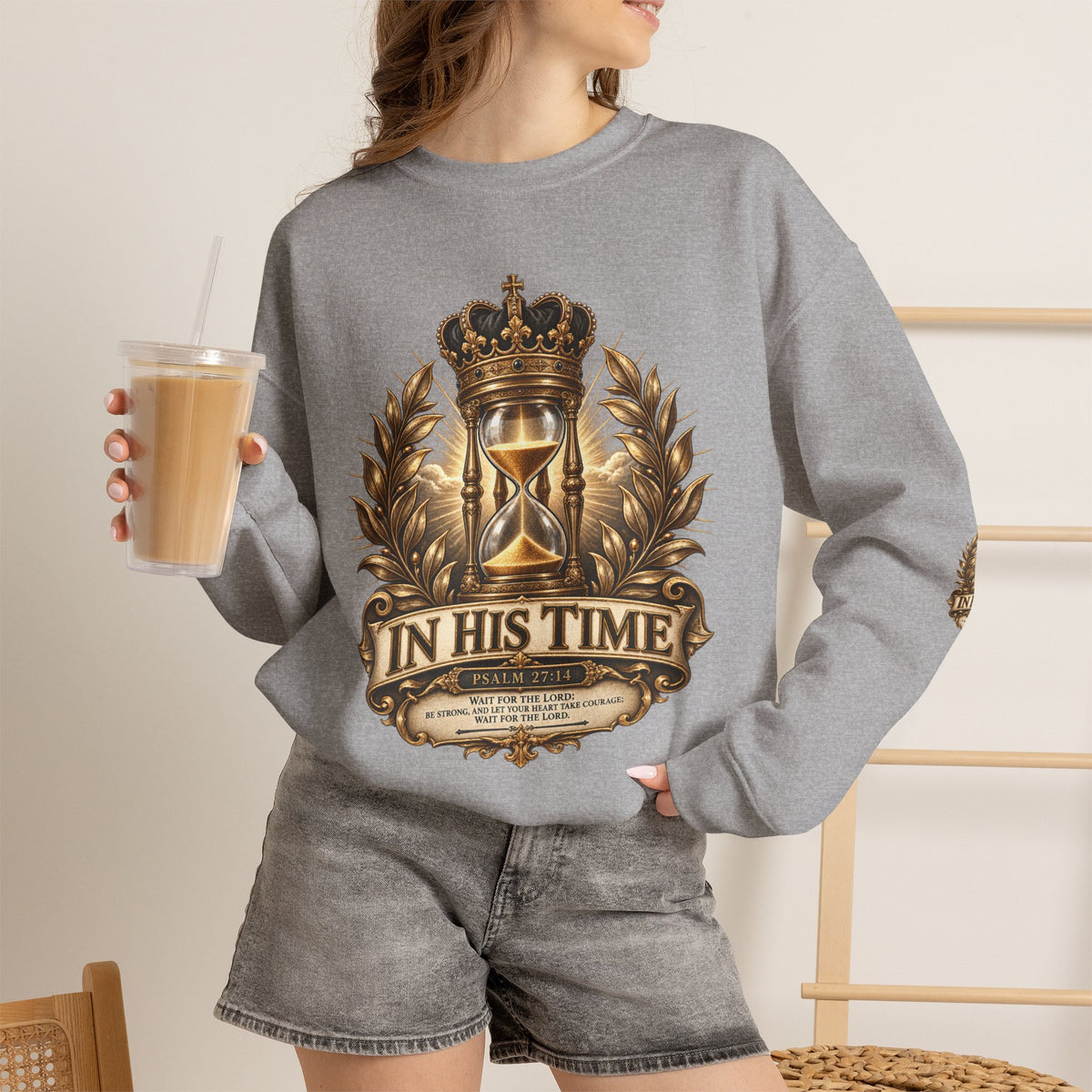 In His Time Crewneck Sweatshirt – Inspirational Christian Scripture Hourglass Design