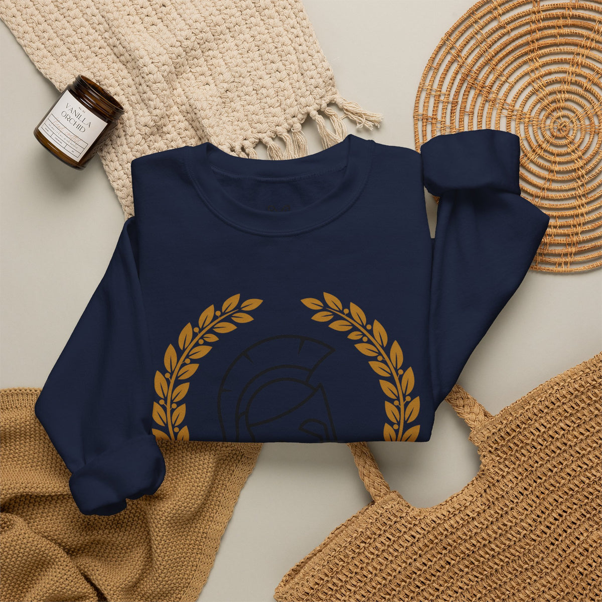 Courage Spartan Helmet Crewneck Sweatshirt — "Courage" with Laurel & Psalm 121:1-2