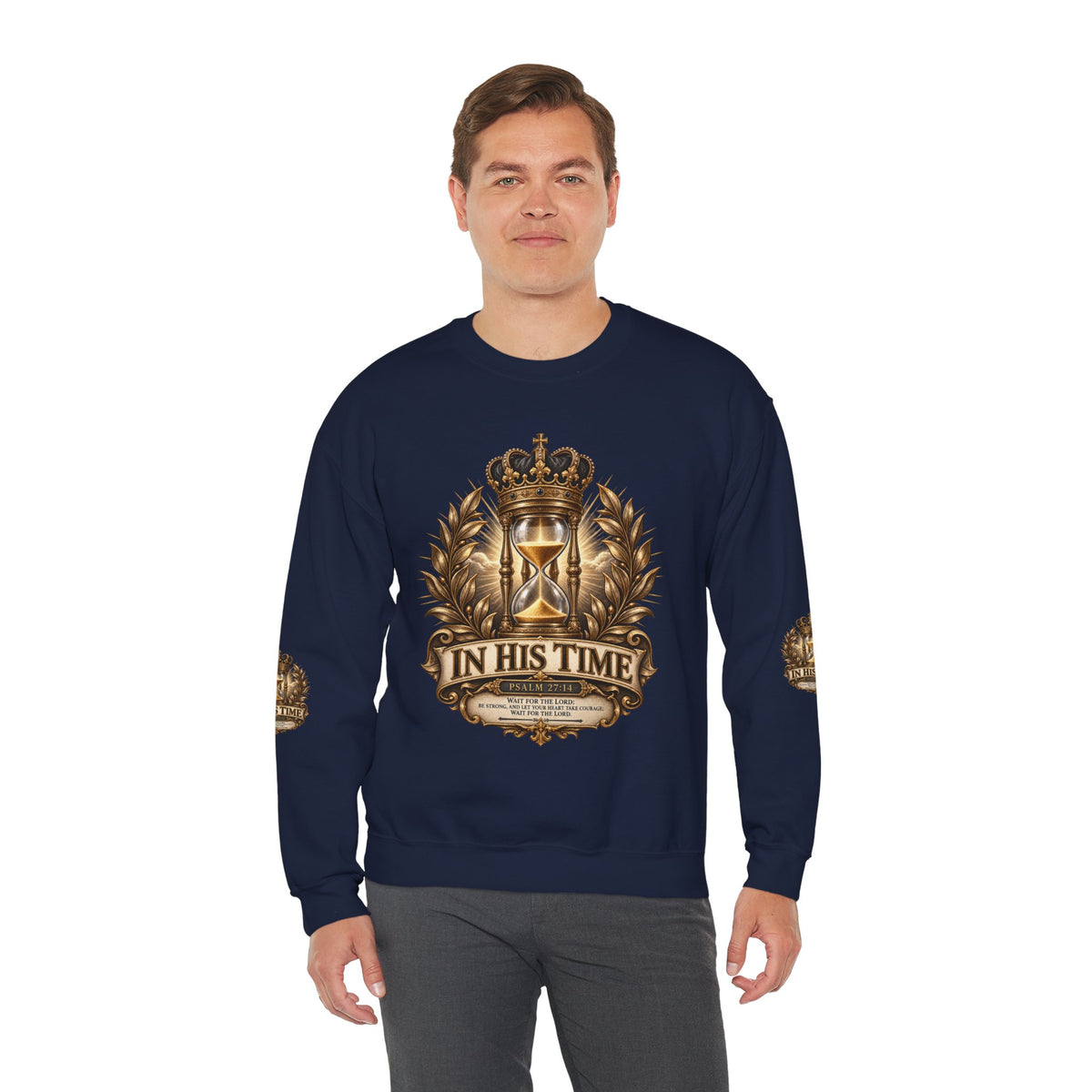 In His Time Crewneck Sweatshirt – Inspirational Christian Scripture Hourglass Design
