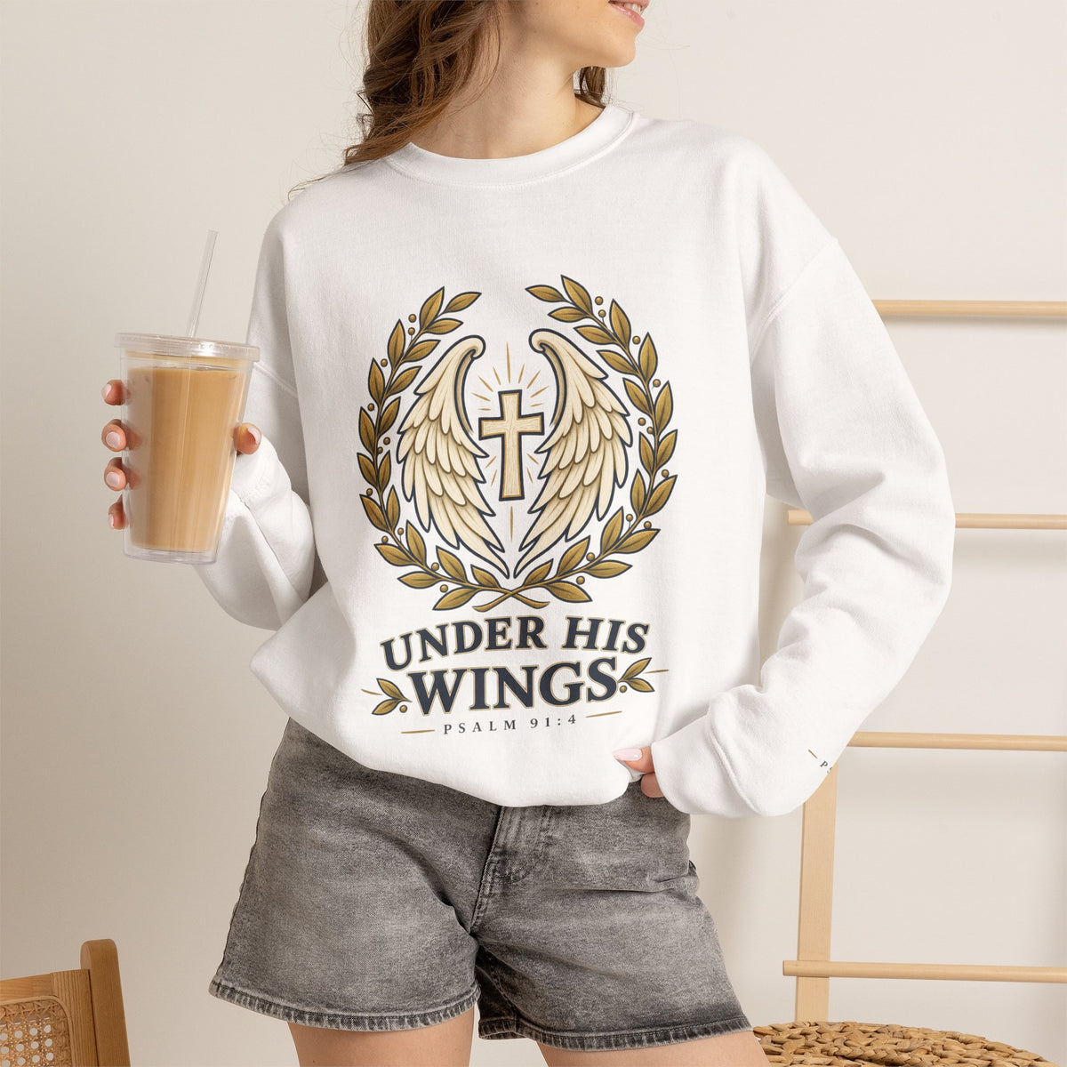 Under His Wings Crewneck Sweatshirt — Christian Cross & Angel Wings Psalm Design