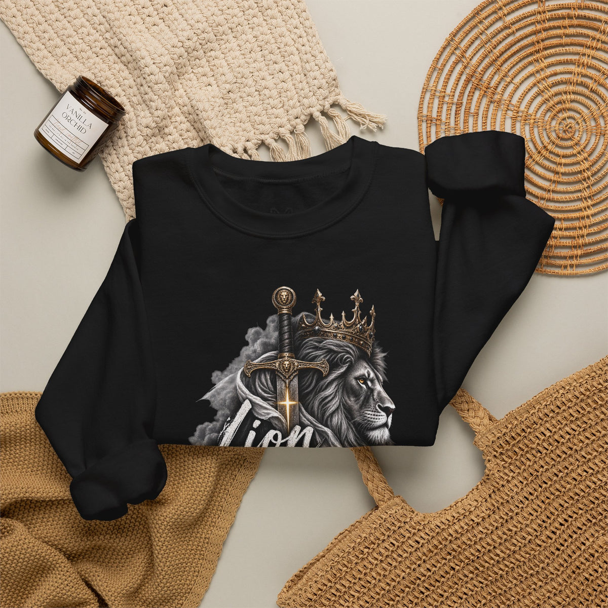 Lion of Judah Sweatshirt — Christian Lion Crewneck with Crown & Ichthys Back
