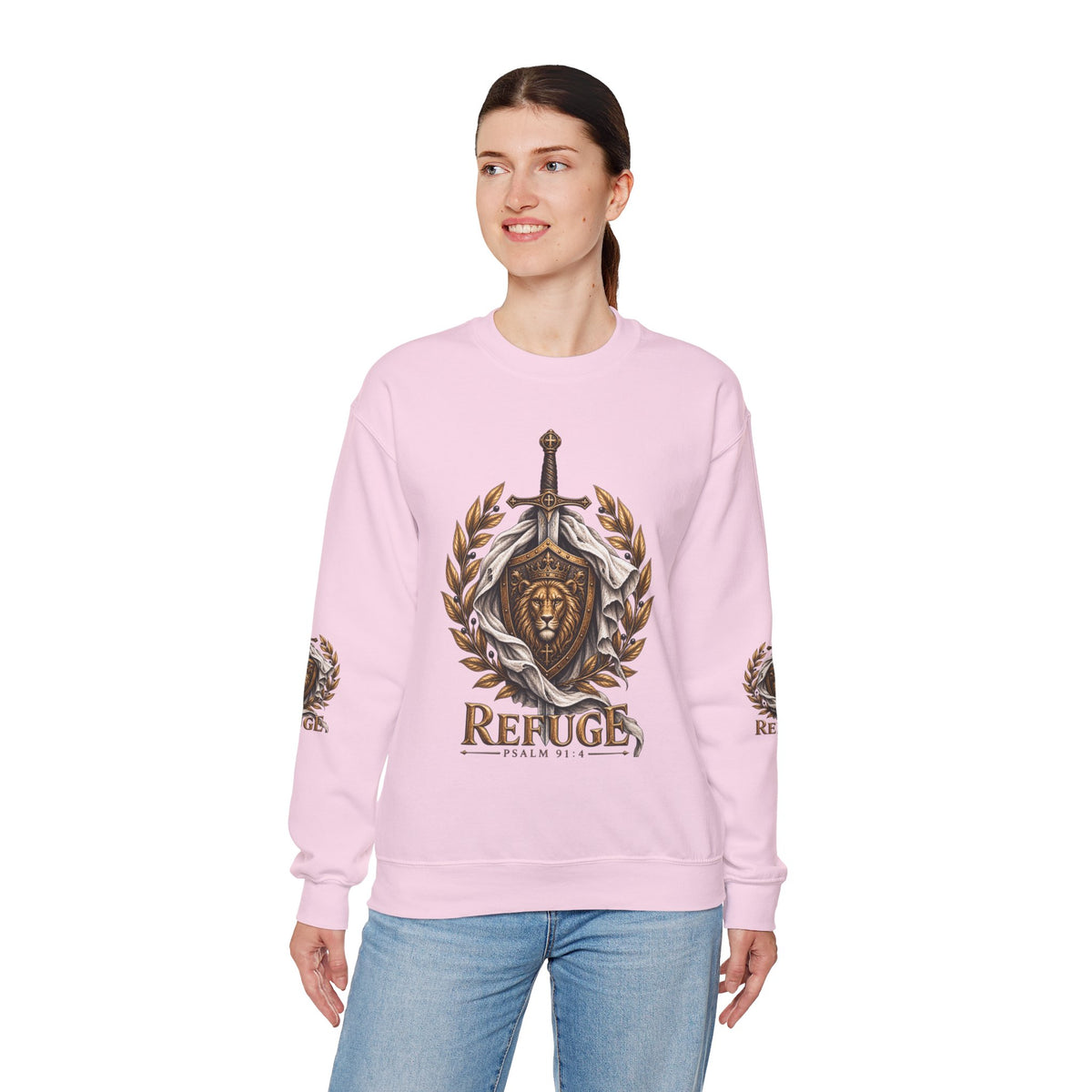 Crewneck Sweatshirt — 'Refuge' Lion & Sword Psalm 91:4 Christian Pullover