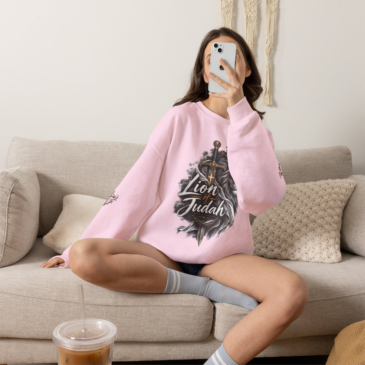 Lion of Judah Sweatshirt — Christian Lion Crewneck with Crown & Ichthys Back