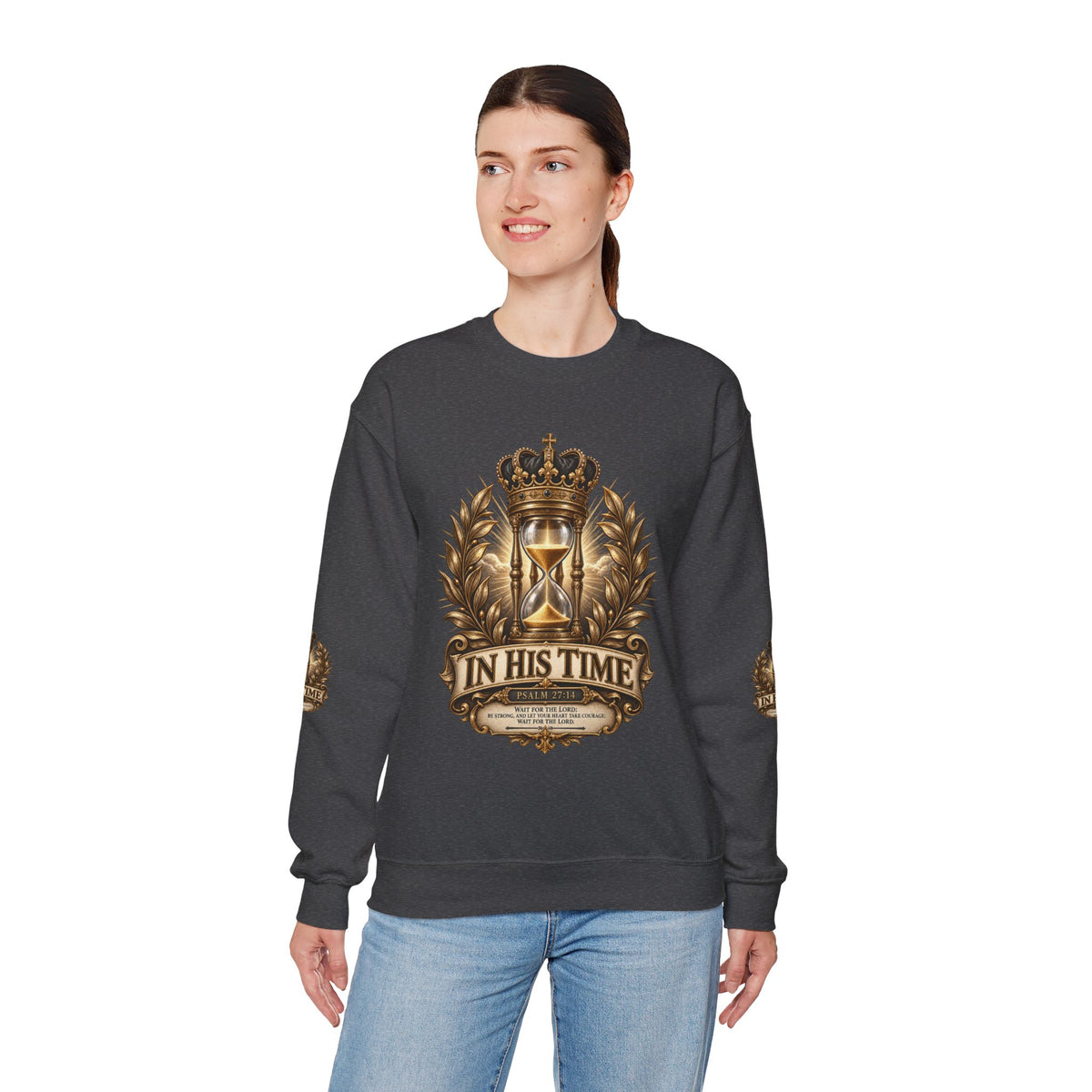 In His Time Crewneck Sweatshirt – Inspirational Christian Scripture Hourglass Design