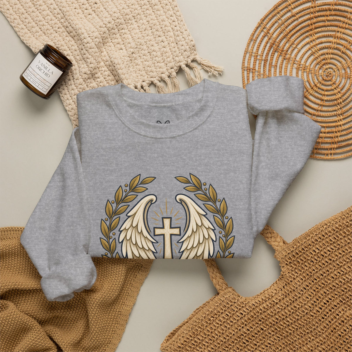 Under His Wings Crewneck Sweatshirt — Christian Cross & Angel Wings Psalm Design