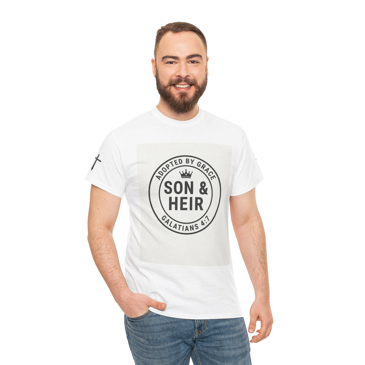 Christian Son & Heir T-Shirt — 'Adopted by Grace' Faith Tee with Jesus Prayer Design