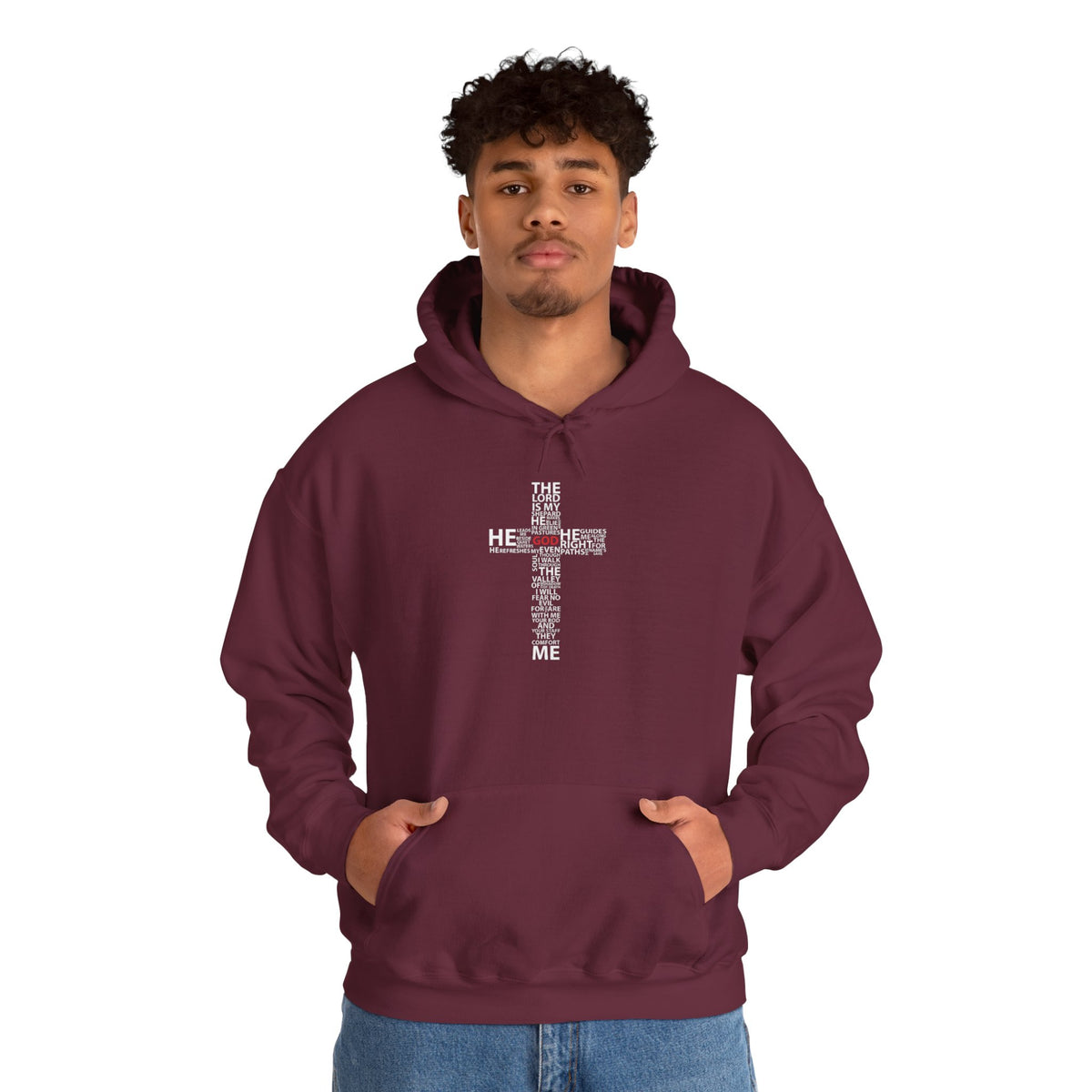 Christian Cross Hoodie - "He Renewed Me" Word Cloud Faith Sweatshirt