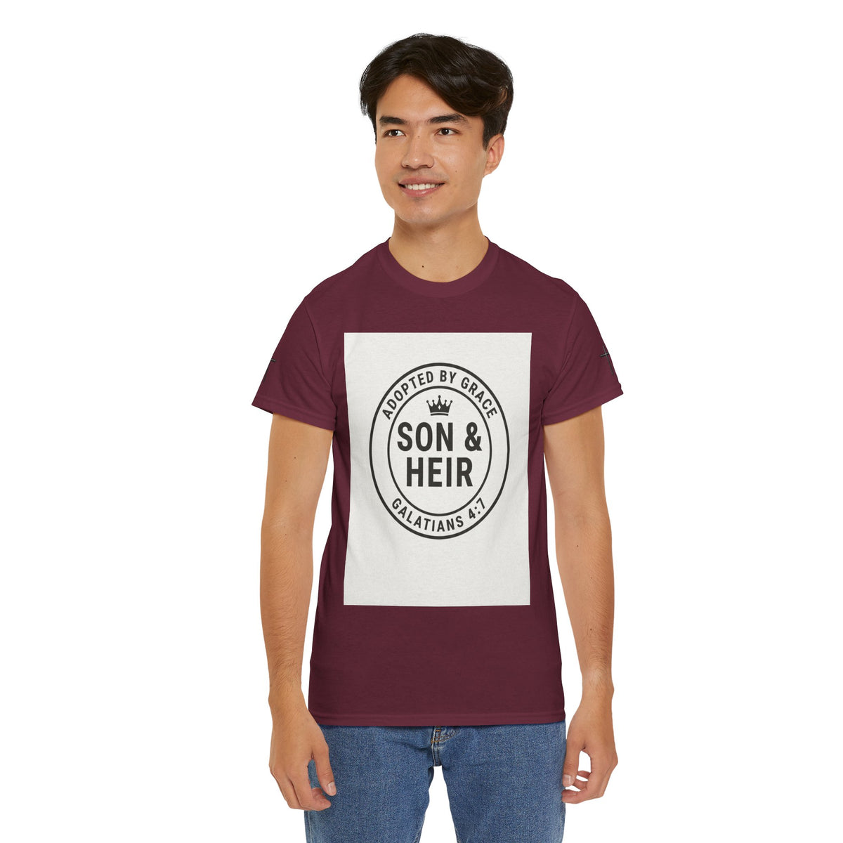 Christian Son & Heir T-Shirt — 'Adopted by Grace' Faith Tee with Jesus Prayer Design