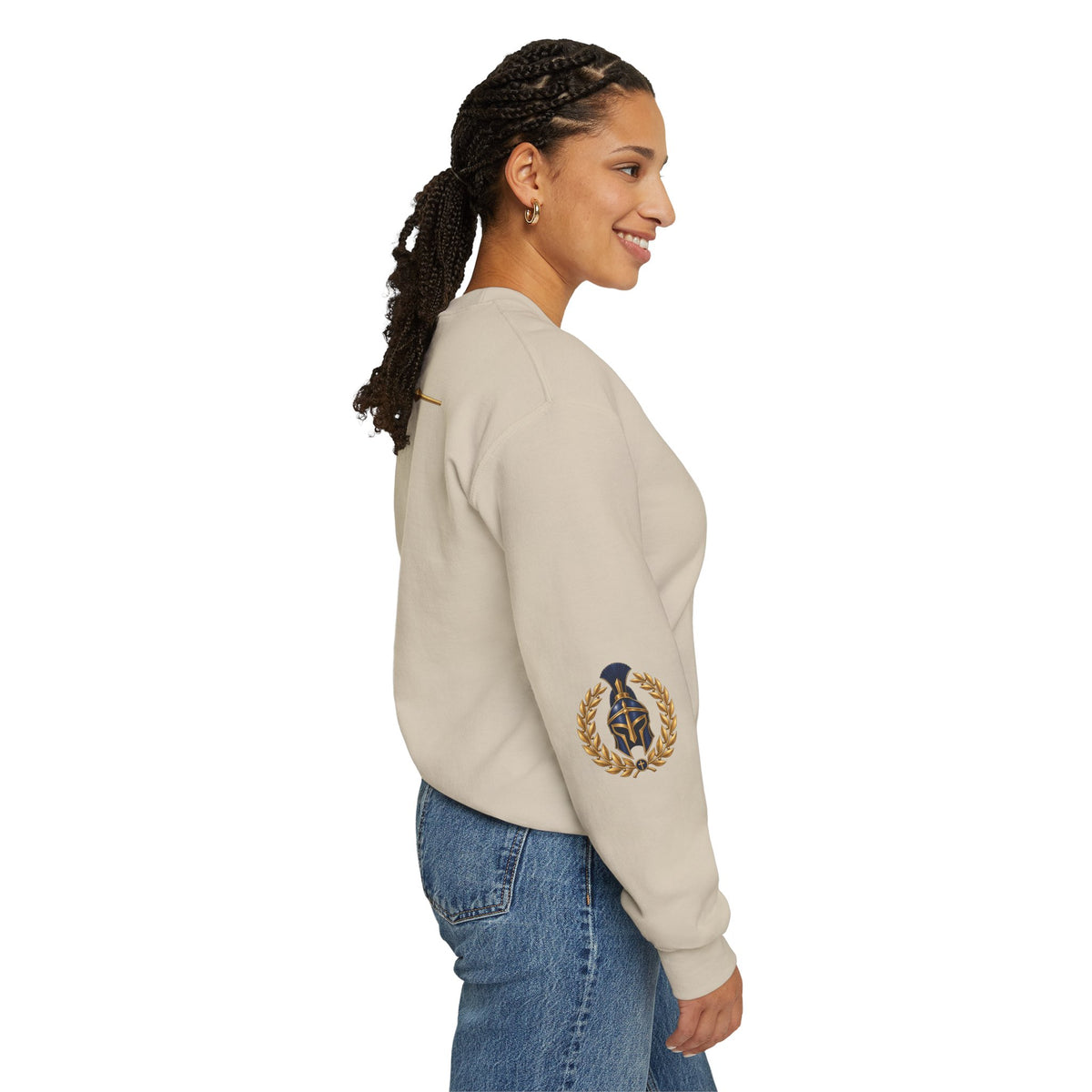 Crewneck Sweatshirt — "Be Strong and Take Heart" Psalm 31:24 Spartan Helmet Design