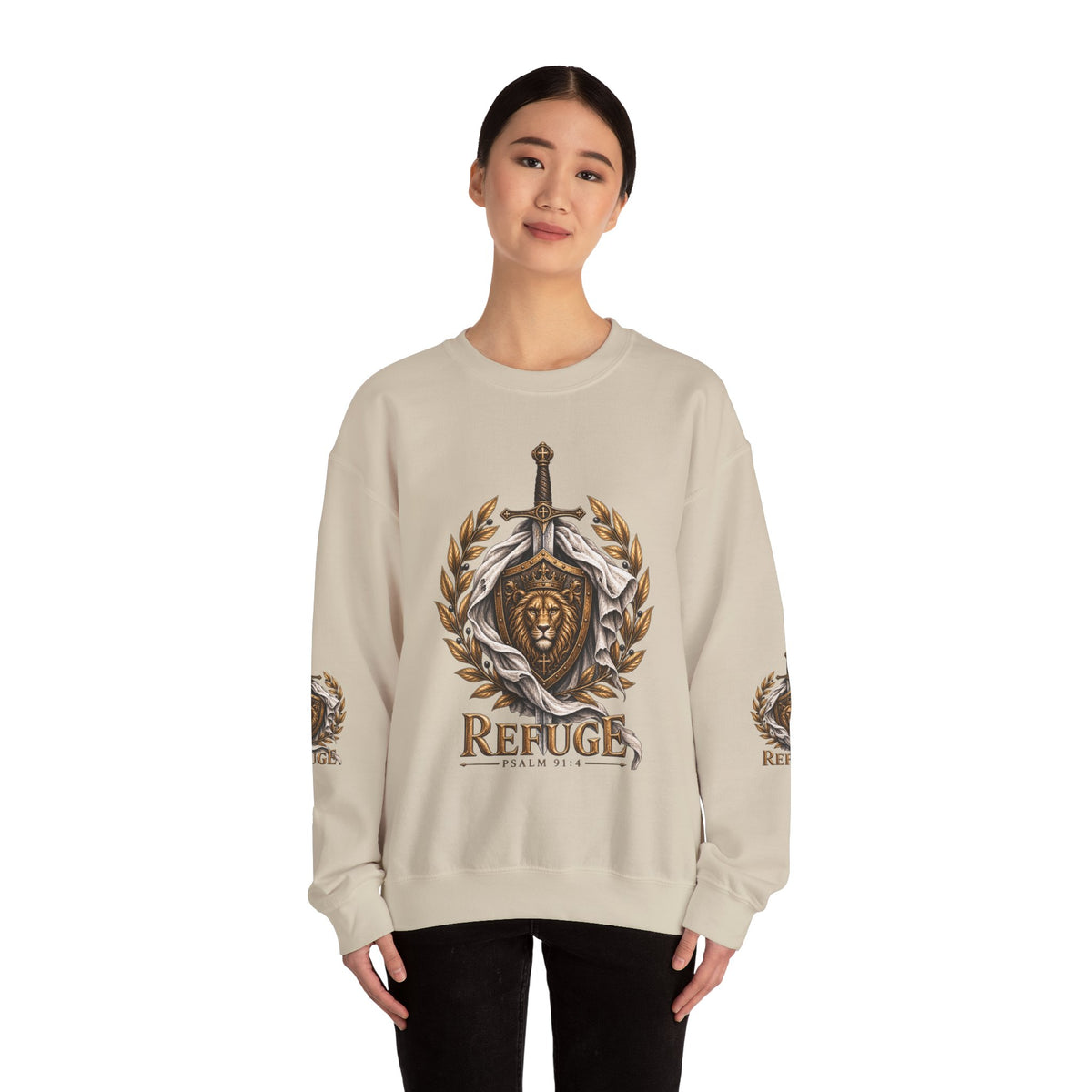 Crewneck Sweatshirt — 'Refuge' Lion & Sword Psalm 91:4 Christian Pullover