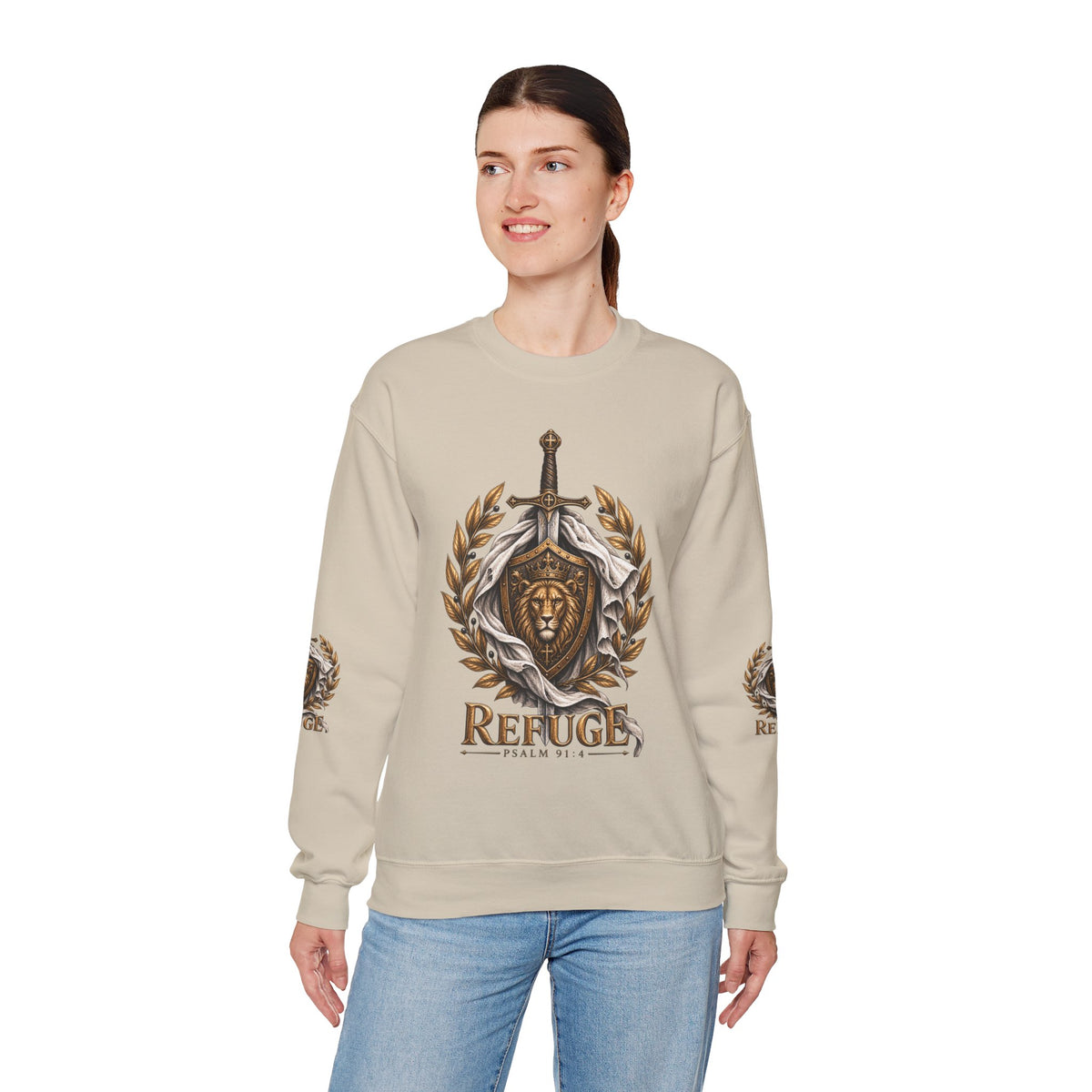 Crewneck Sweatshirt — 'Refuge' Lion & Sword Psalm 91:4 Christian Pullover