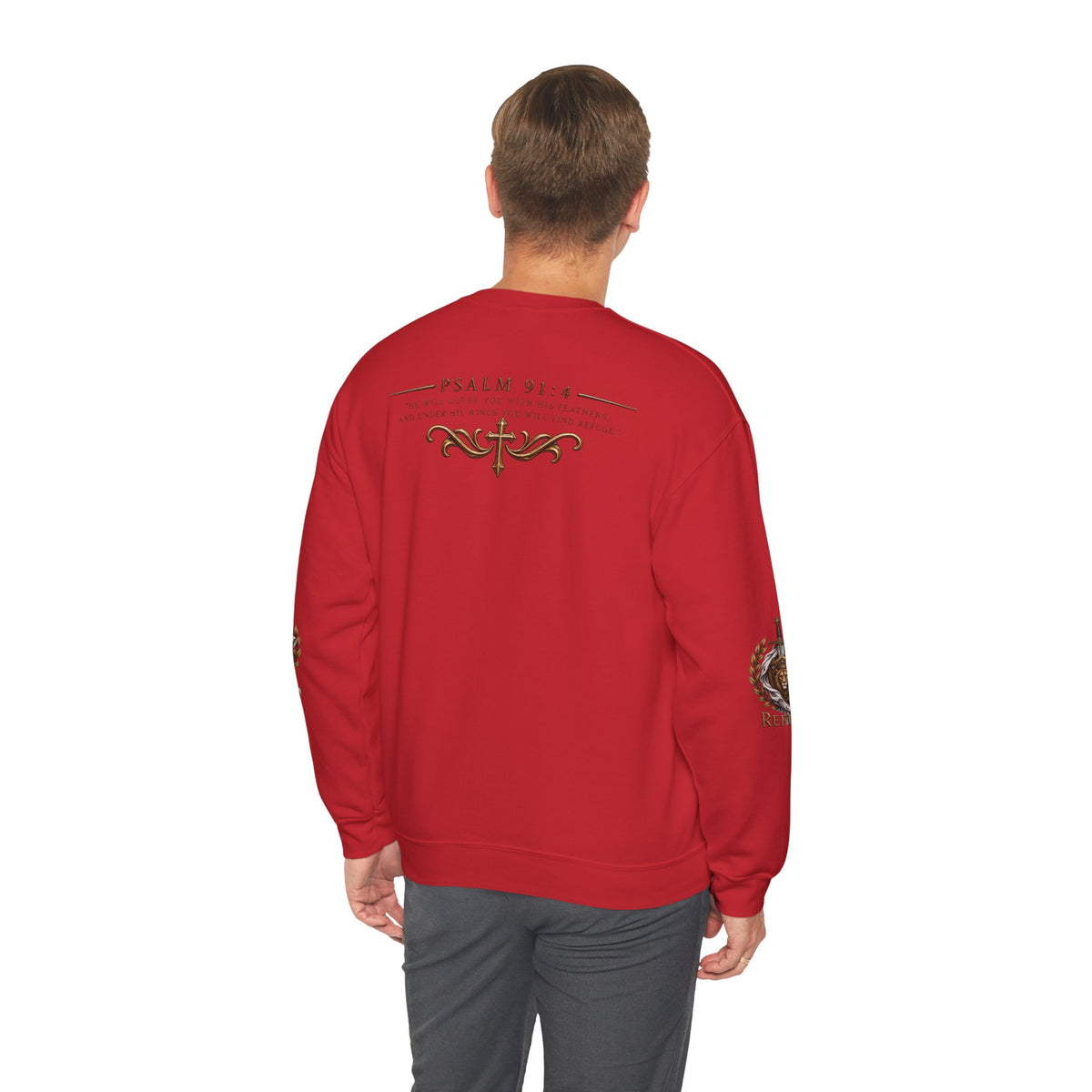 Crewneck Sweatshirt — 'Refuge' Lion & Sword Psalm 91:4 Christian Pullover