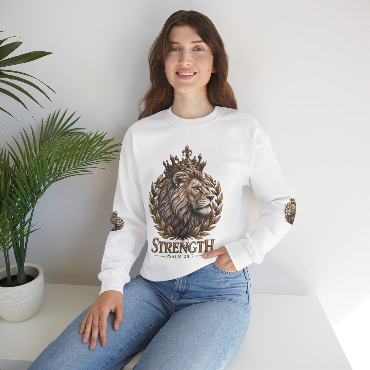 Strength Lion Crewneck Sweatshirt — Psalm 28:7 Inspirational Pullover