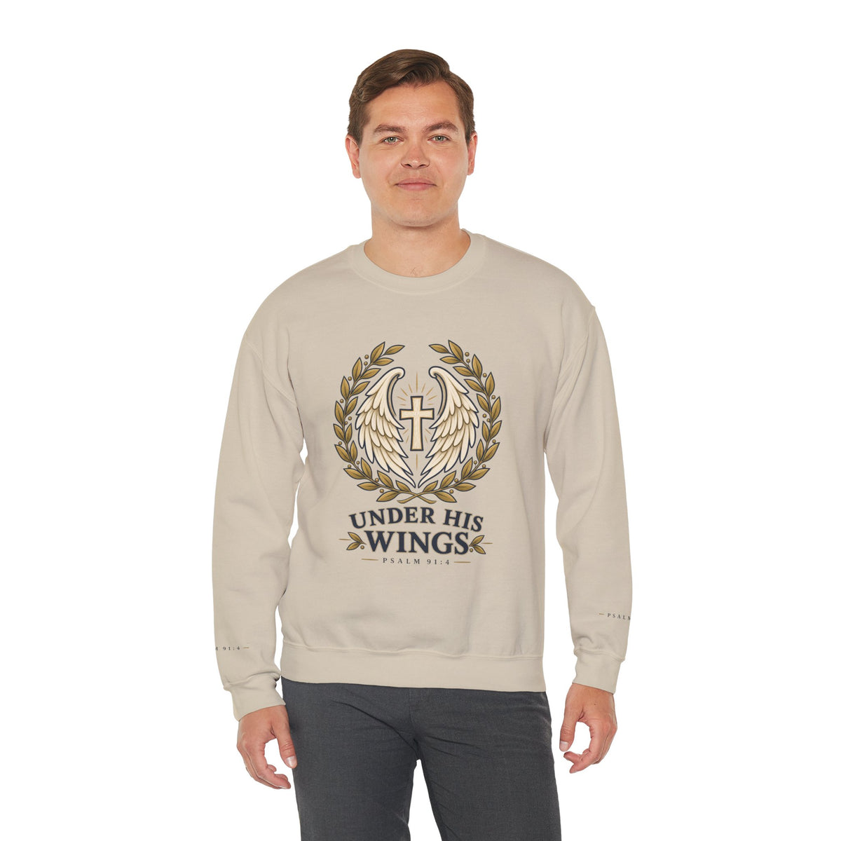 Under His Wings Crewneck Sweatshirt — Christian Cross & Angel Wings Psalm Design