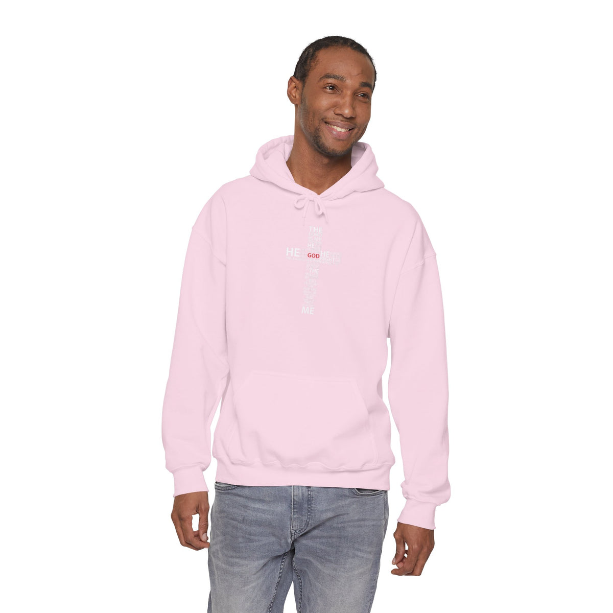 Christian Cross Hoodie - "He Renewed Me" Word Cloud Faith Sweatshirt