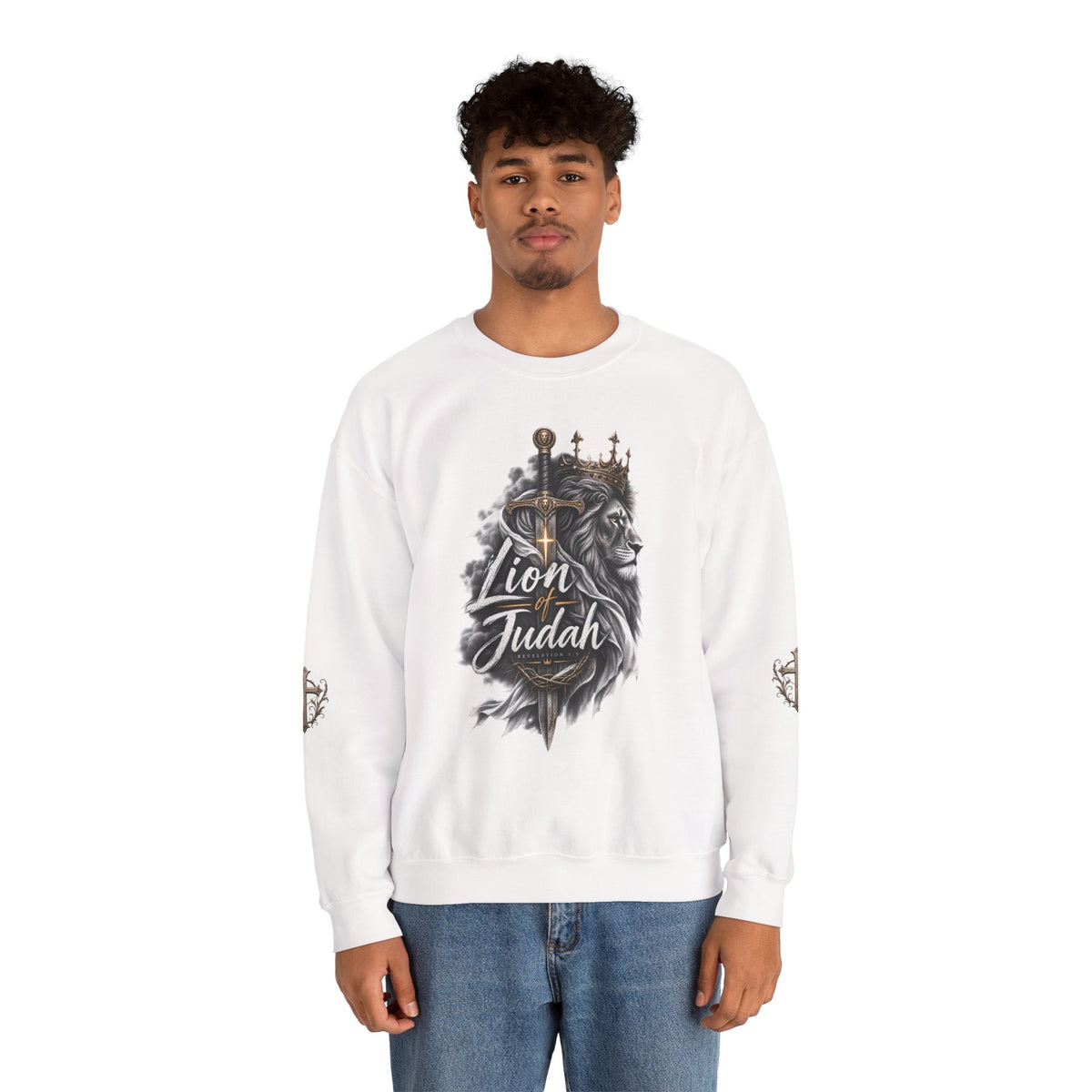 Lion of Judah Sweatshirt — Christian Lion Crewneck with Crown & Ichthys Back