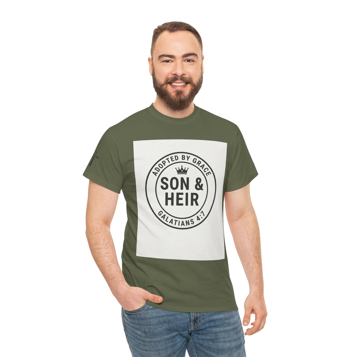 Christian Son & Heir T-Shirt — 'Adopted by Grace' Faith Tee with Jesus Prayer Design