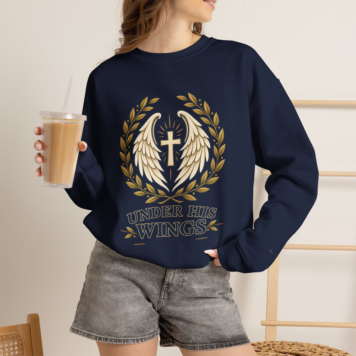 Under His Wings Crewneck Sweatshirt — Christian Cross & Angel Wings Psalm Design