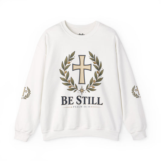 Crewneck Sweatshirt — "Be Still" Psalm 46:10 Christian Cross Design