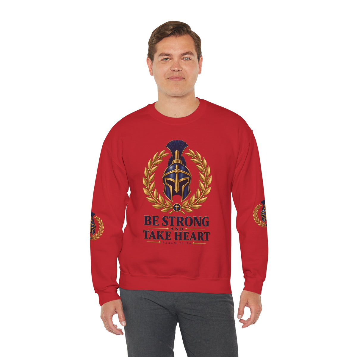 Crewneck Sweatshirt — "Be Strong and Take Heart" Psalm 31:24 Spartan Helmet Design