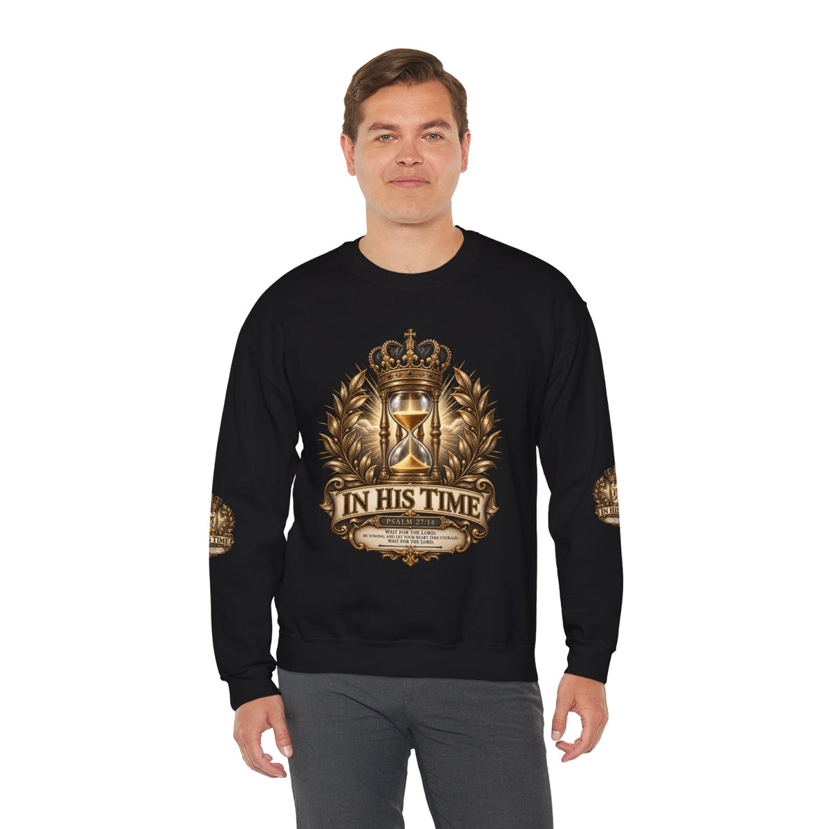In His Time Crewneck Sweatshirt – Inspirational Christian Scripture Hourglass Design