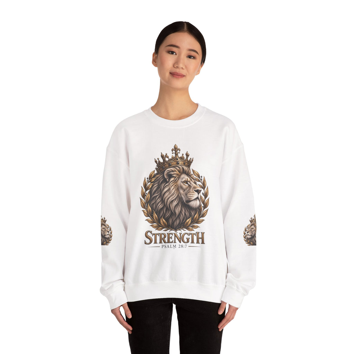 Strength Lion Crewneck Sweatshirt — Psalm 28:7 Inspirational Pullover