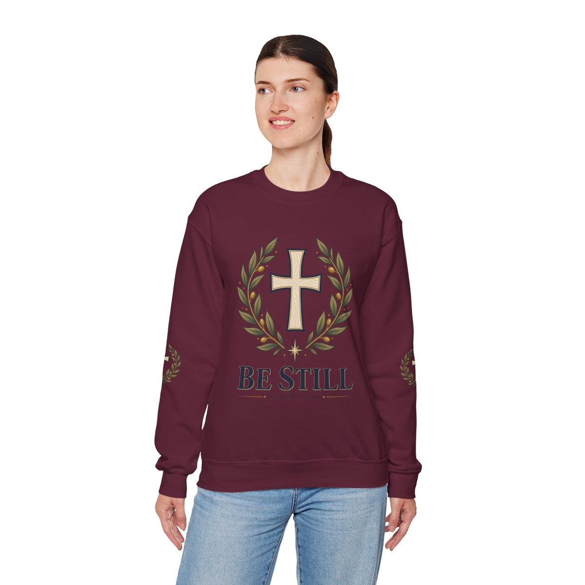 Crewneck Sweatshirt — "Be Still" Psalm 46:10 Christian Cross Design