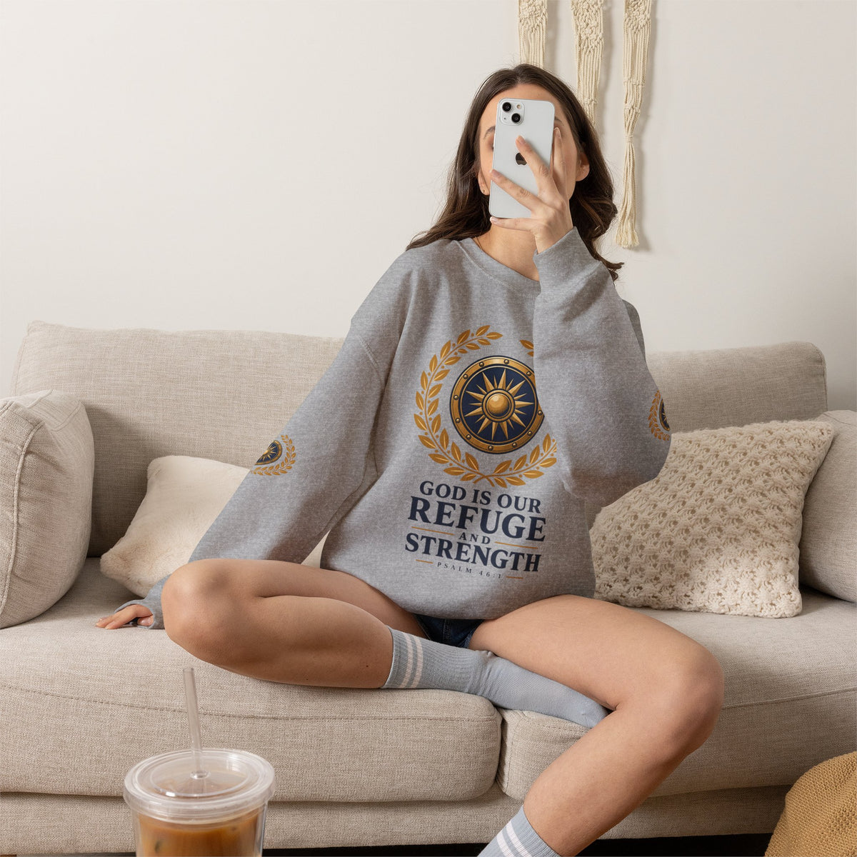 Crewneck Sweatshirt — “God Is Our Refuge and Strength” Psalm 46:1 Christian Faith Pullover