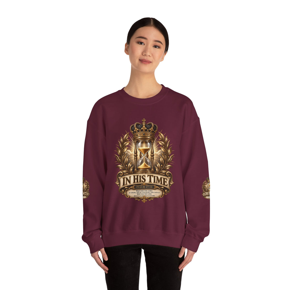In His Time Crewneck Sweatshirt – Inspirational Christian Scripture Hourglass Design