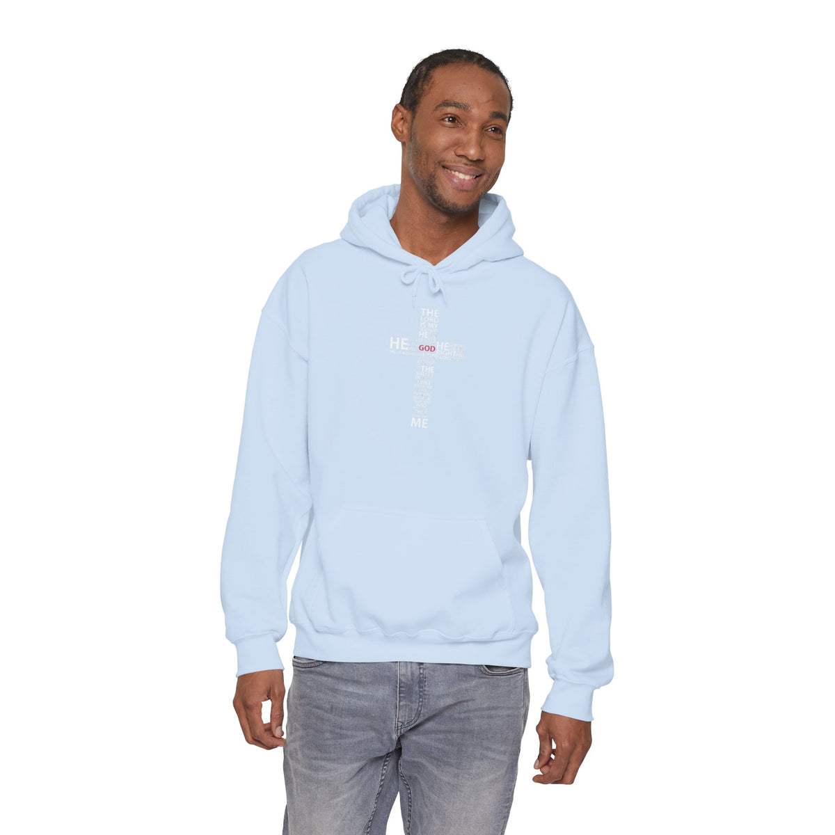 Christian Cross Hoodie - "He Renewed Me" Word Cloud Faith Sweatshirt