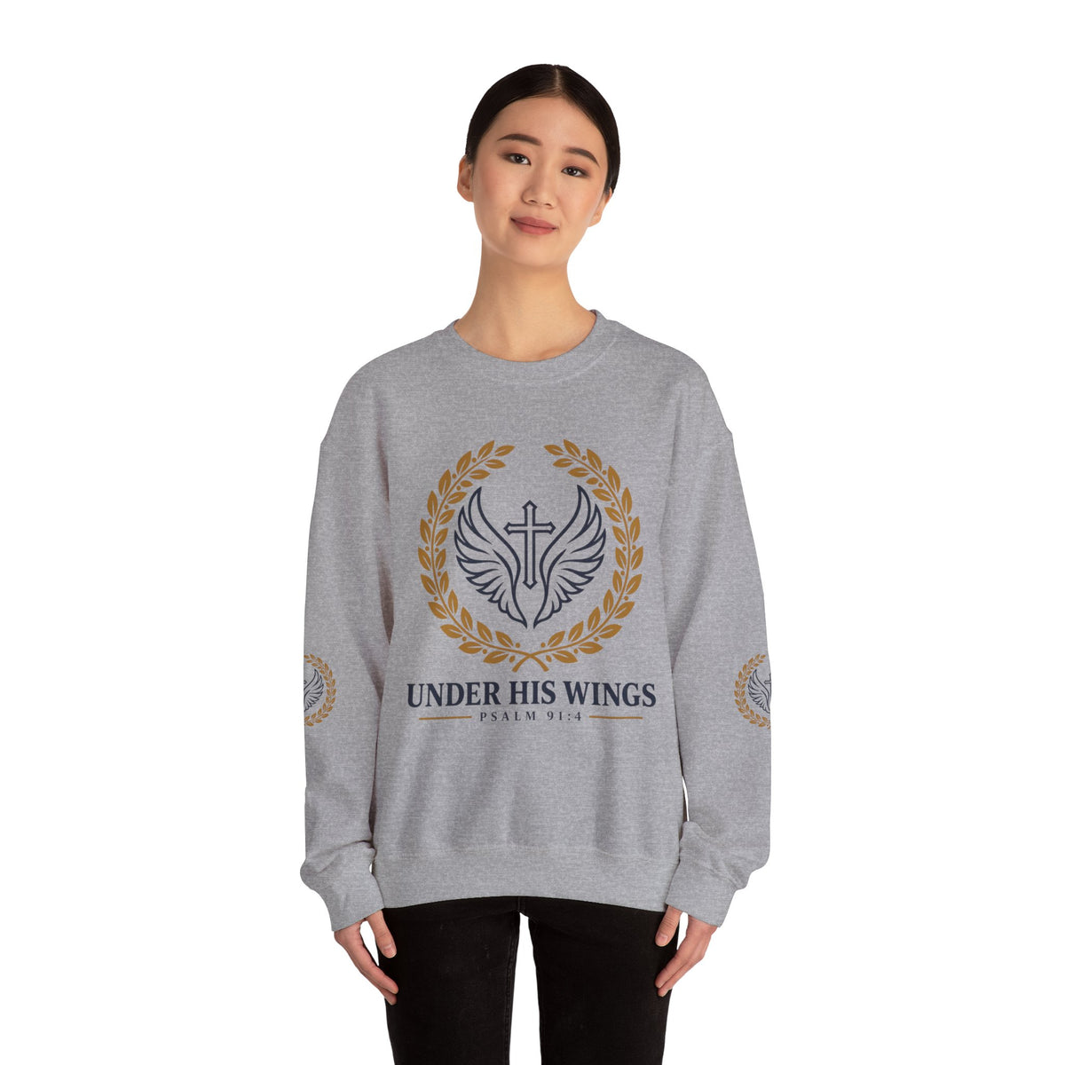 Religious Crewneck Sweatshirt – “Under His Wings” Psalm 91:4 Christian Pullover