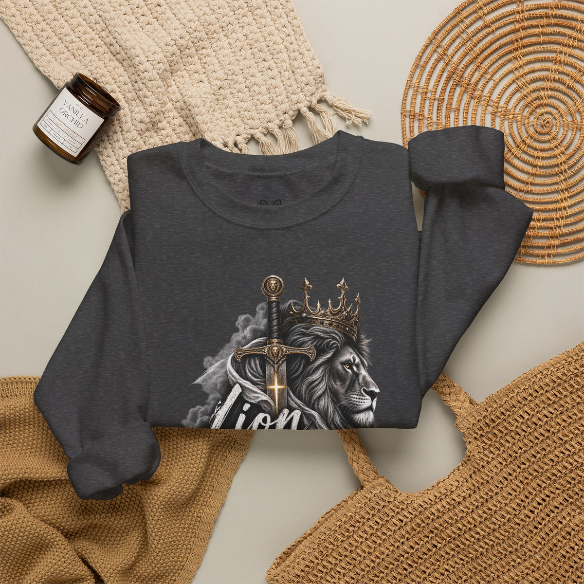 Lion of Judah Sweatshirt — Christian Lion Crewneck with Crown & Ichthys Back