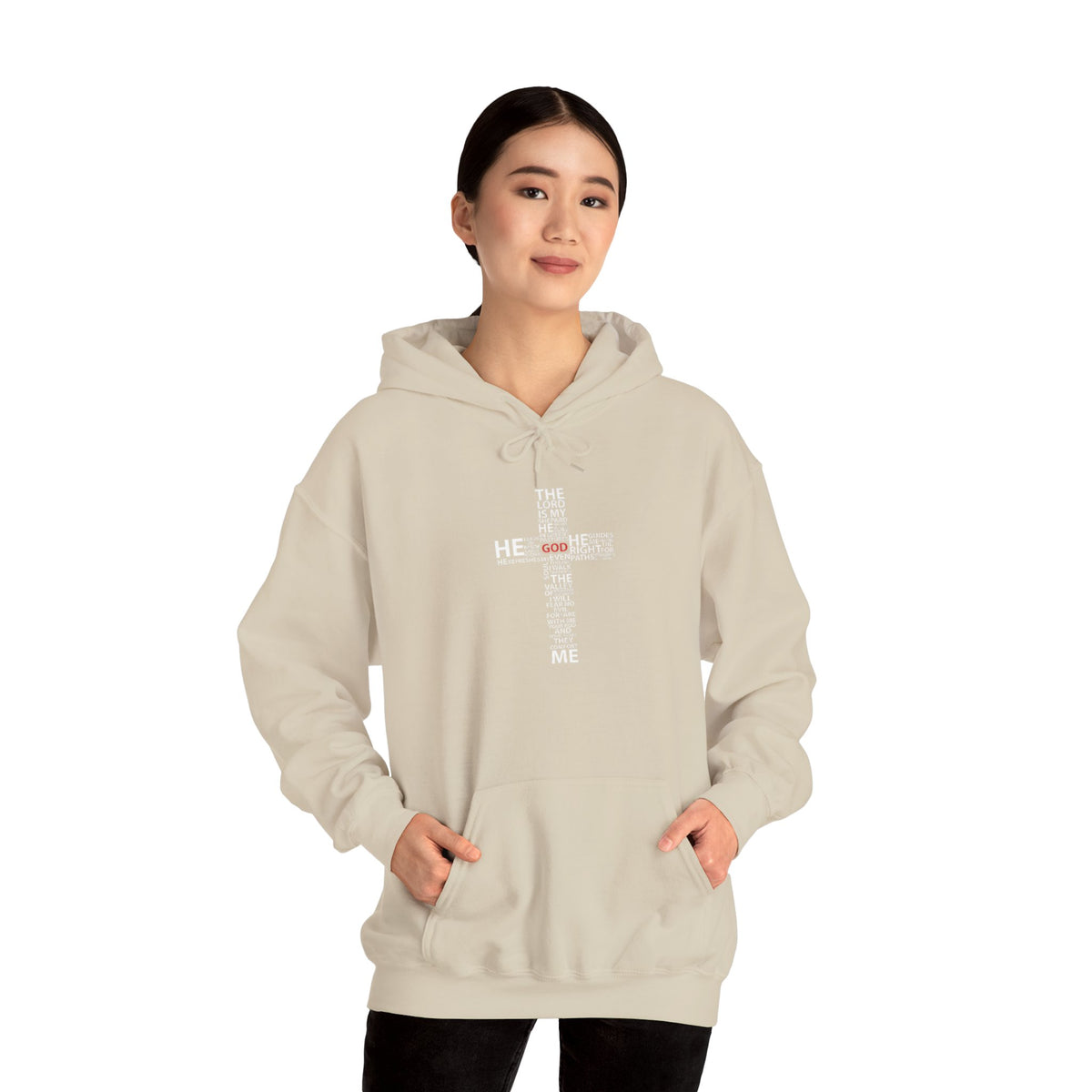 Christian Cross Hoodie - "He Renewed Me" Word Cloud Faith Sweatshirt