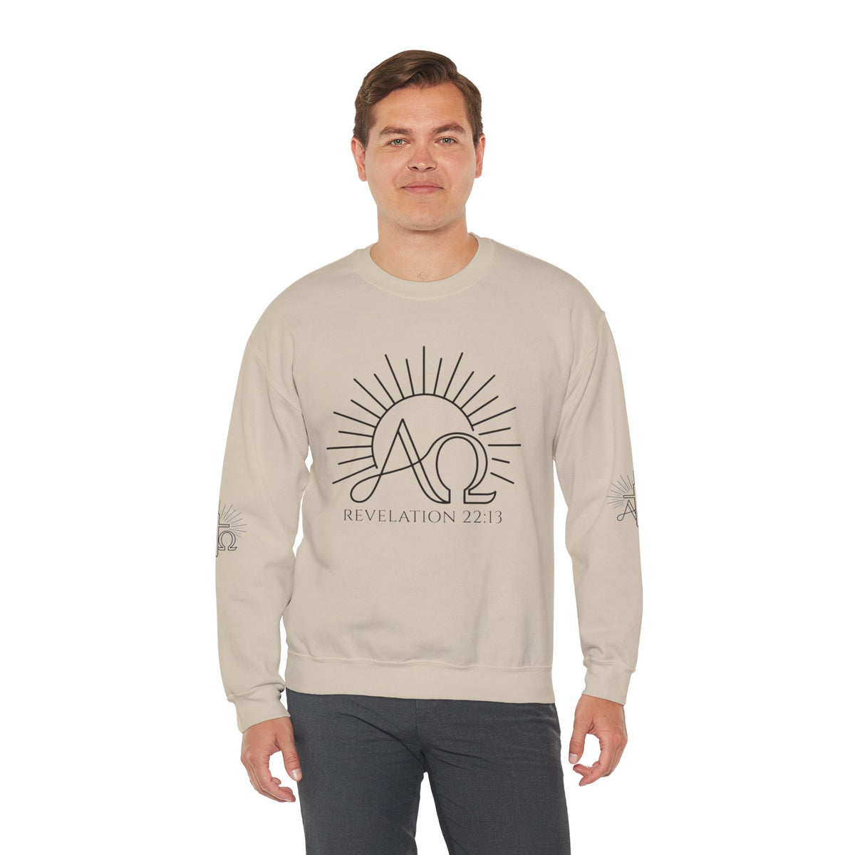 Alpha & Omega Crewneck Sweatshirt — Revelation 22:13 Christian Graphic Pullover