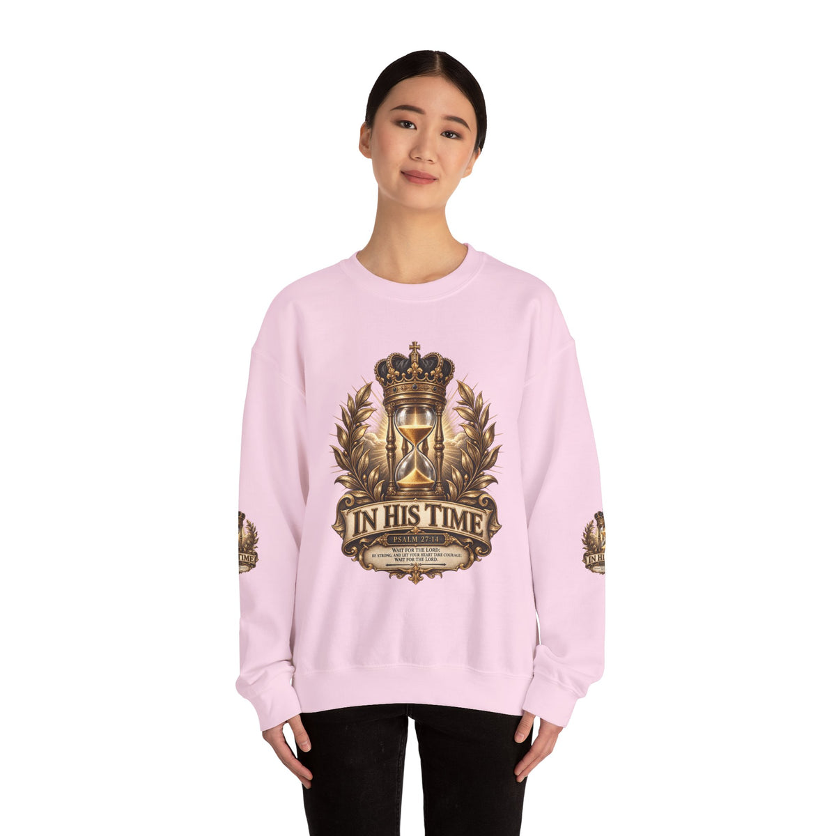 In His Time Crewneck Sweatshirt – Inspirational Christian Scripture Hourglass Design