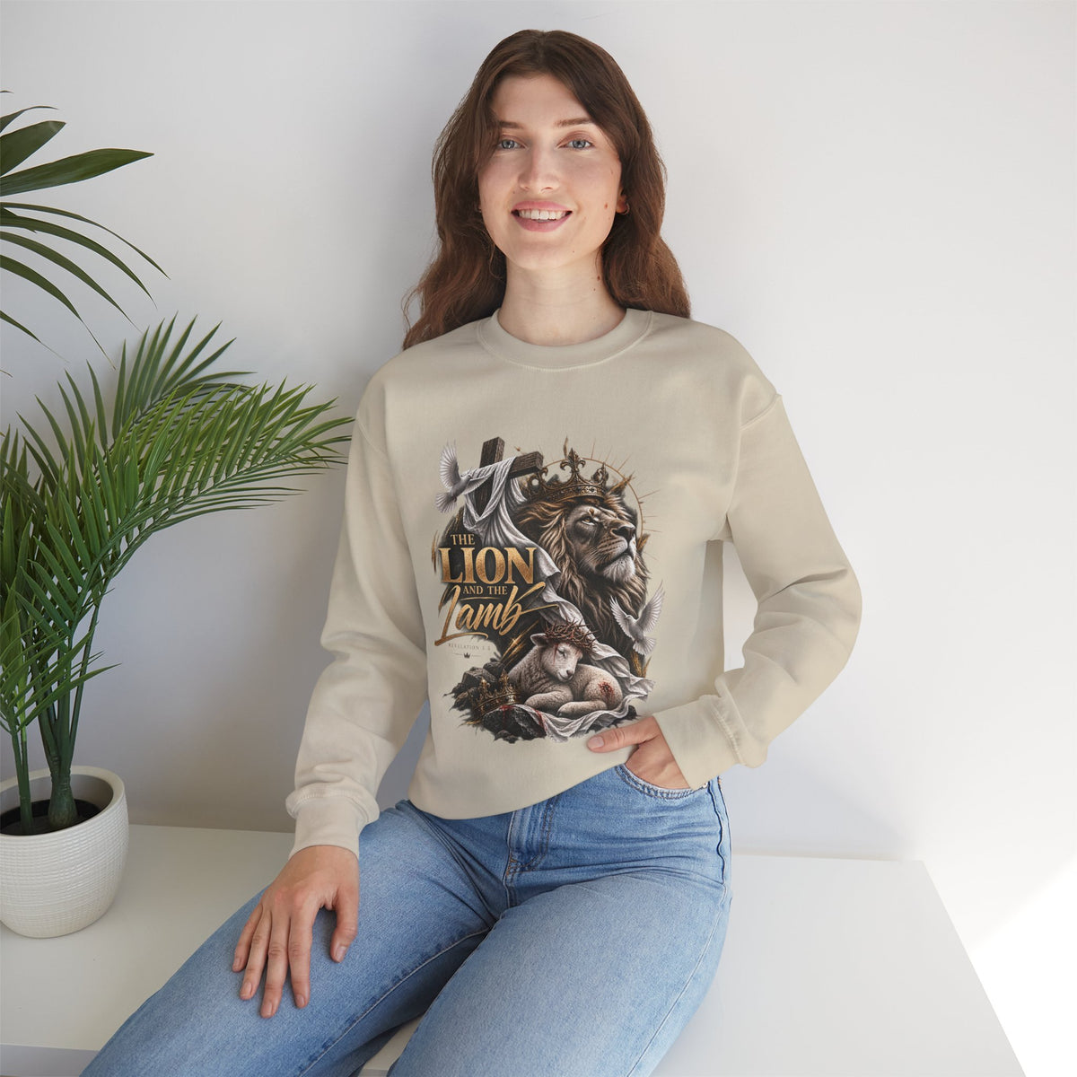 Lion and Lamb Crewneck Sweatshirt — "The Lion and the Lamb" Christian Graphic Pullover
