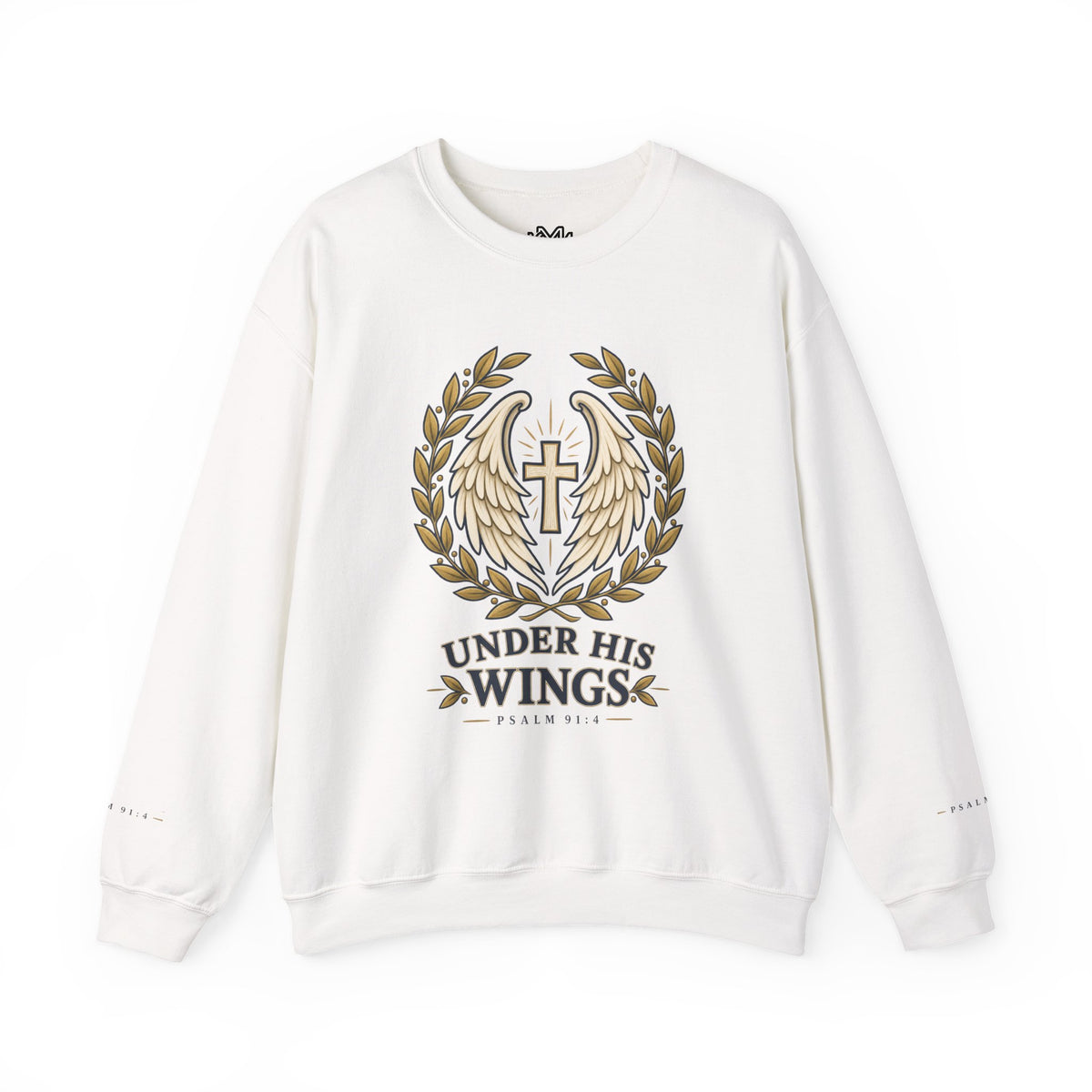 Under His Wings Crewneck Sweatshirt — Christian Cross & Angel Wings Psalm Design