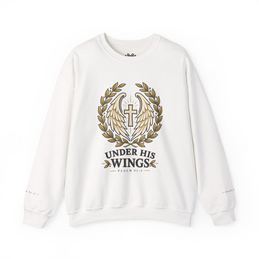 Under His Wings Crewneck Sweatshirt — Christian Cross & Angel Wings Psalm Design