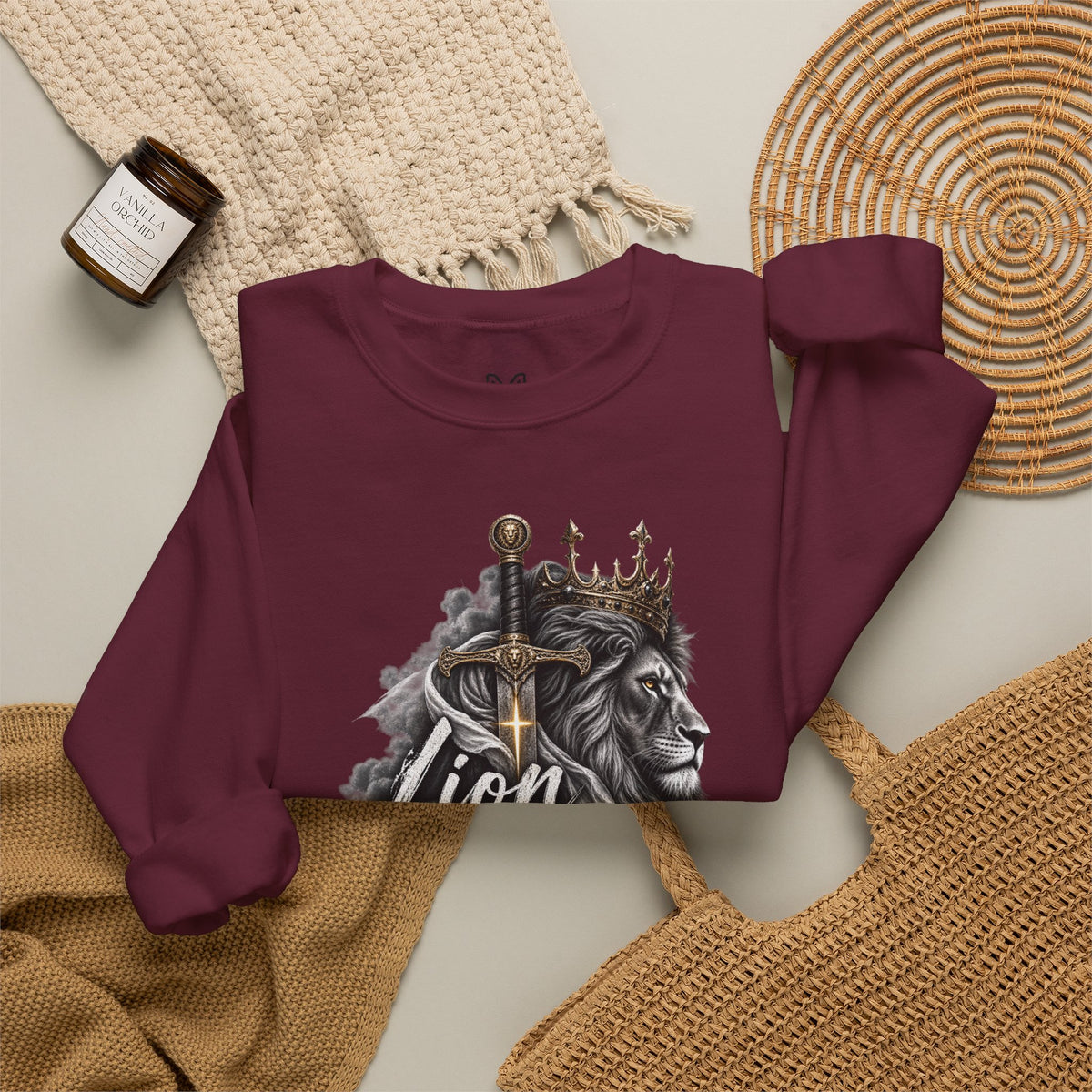 Lion of Judah Sweatshirt — Christian Lion Crewneck with Crown & Ichthys Back