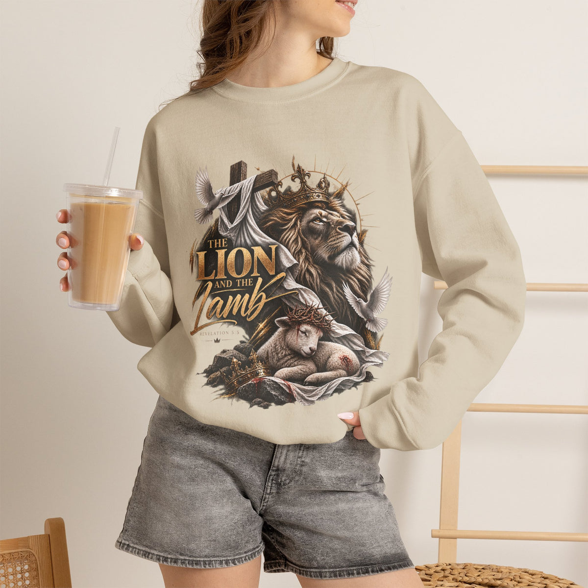 Lion and Lamb Crewneck Sweatshirt — "The Lion and the Lamb" Christian Graphic Pullover