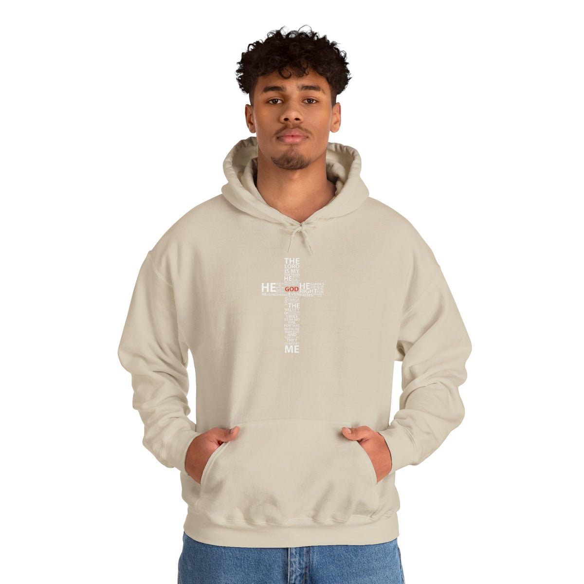Christian Cross Hoodie - "He Renewed Me" Word Cloud Faith Sweatshirt