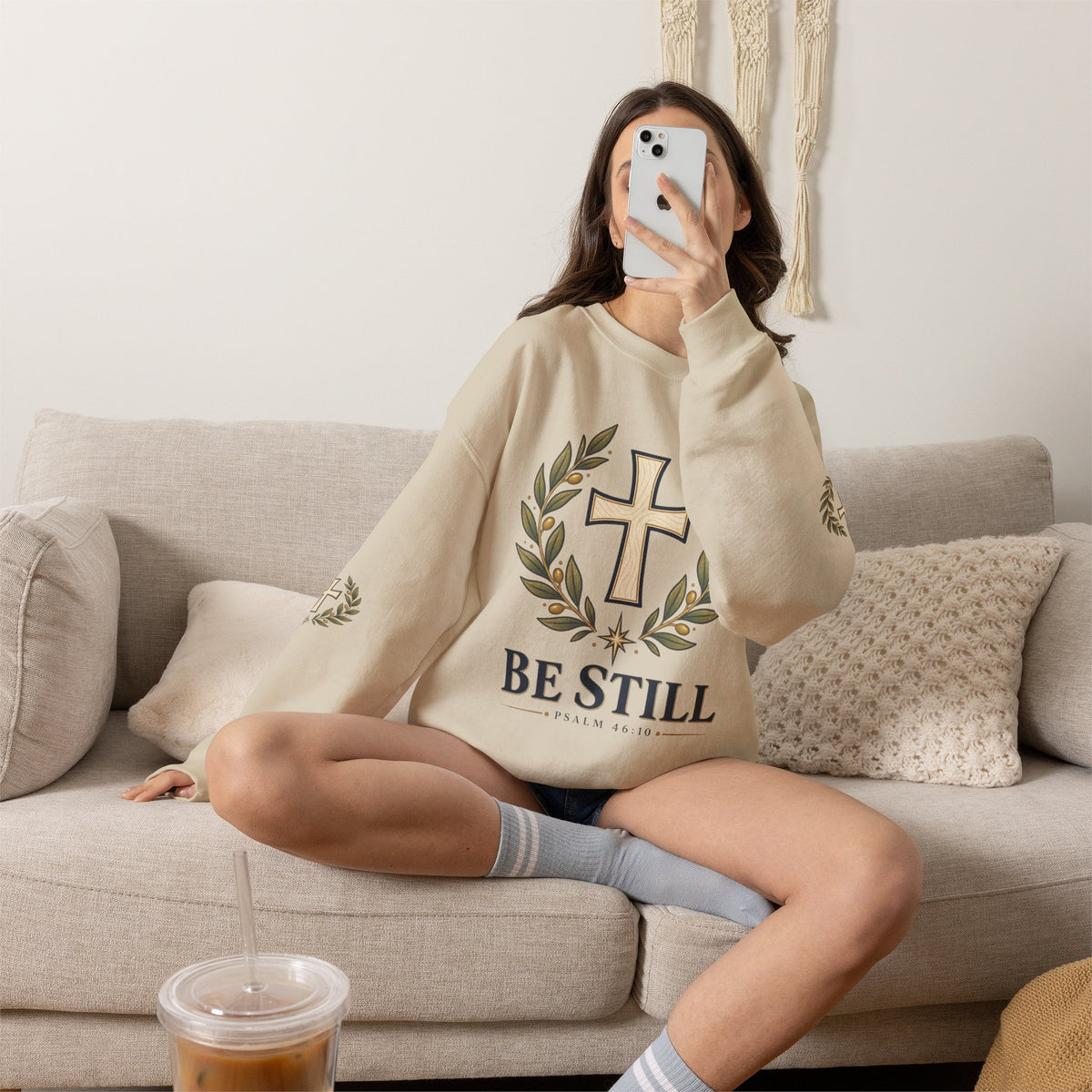 Crewneck Sweatshirt — "Be Still" Psalm 46:10 Christian Cross Design
