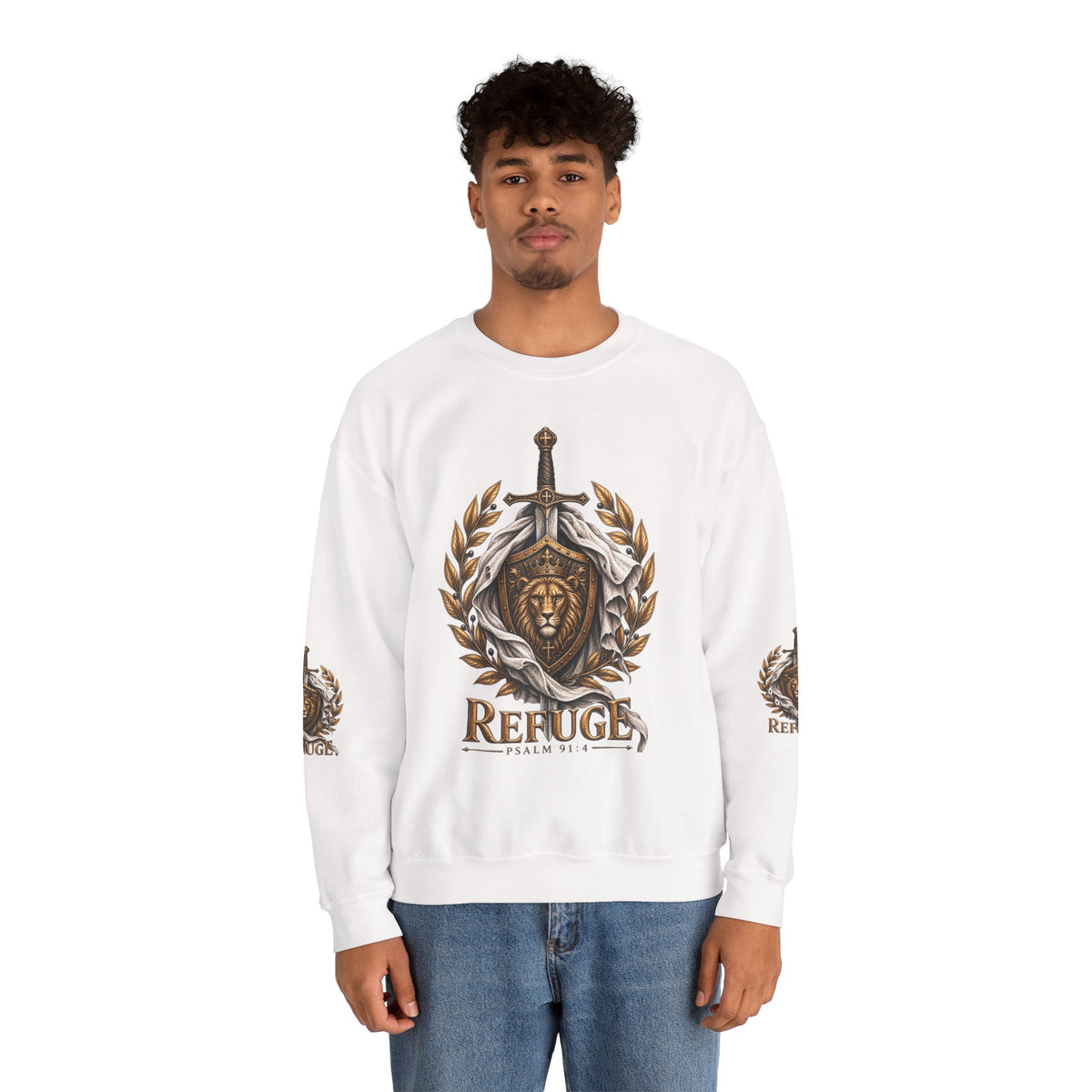 Crewneck Sweatshirt — 'Refuge' Lion & Sword Psalm 91:4 Christian Pullover