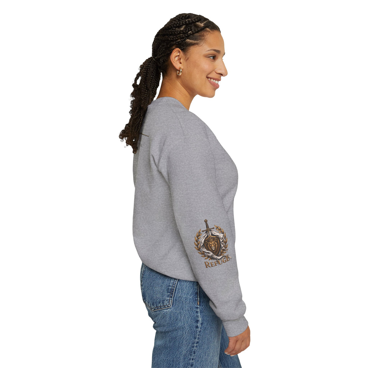 Crewneck Sweatshirt — 'Refuge' Lion & Sword Psalm 91:4 Christian Pullover