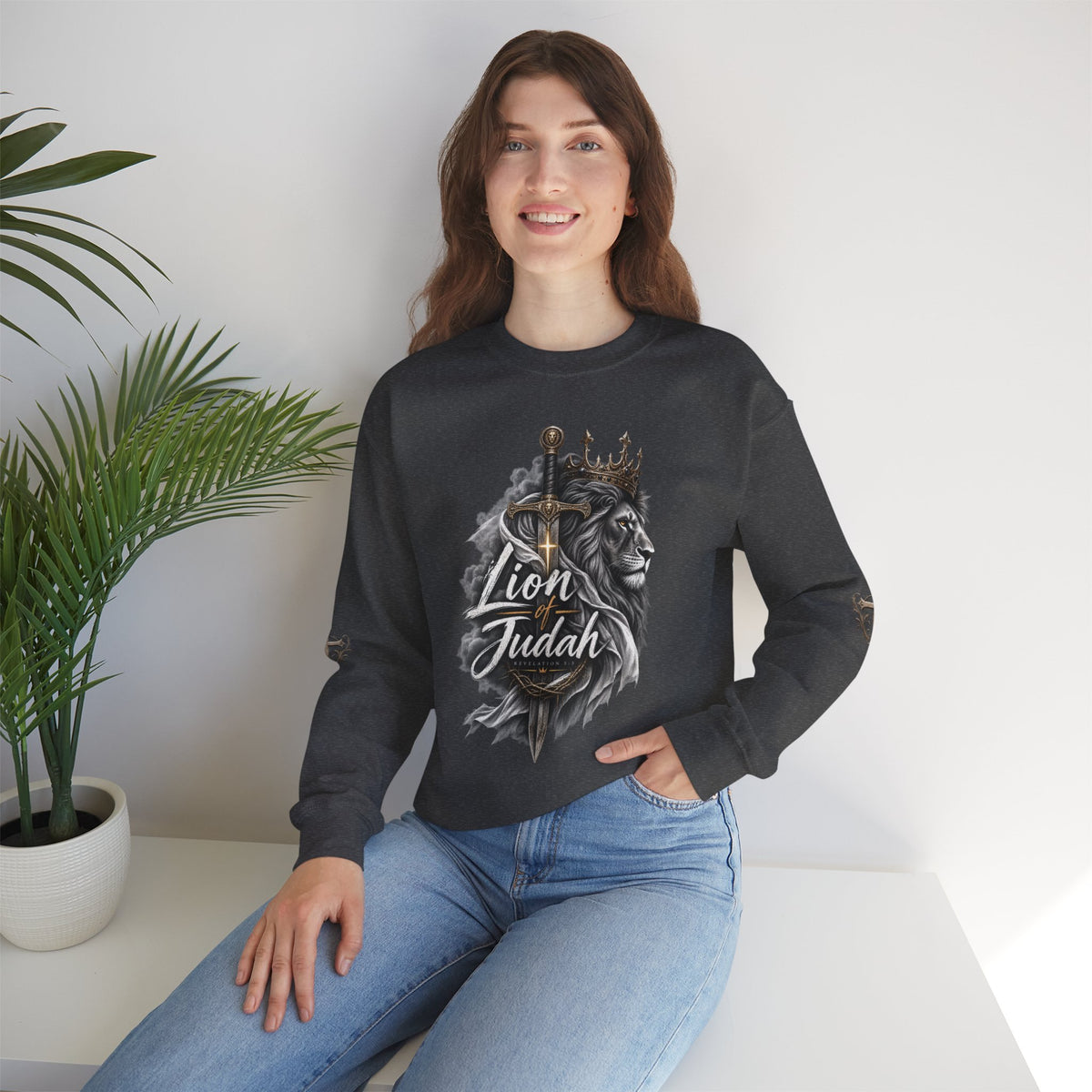 Lion of Judah Sweatshirt — Christian Lion Crewneck with Crown & Ichthys Back